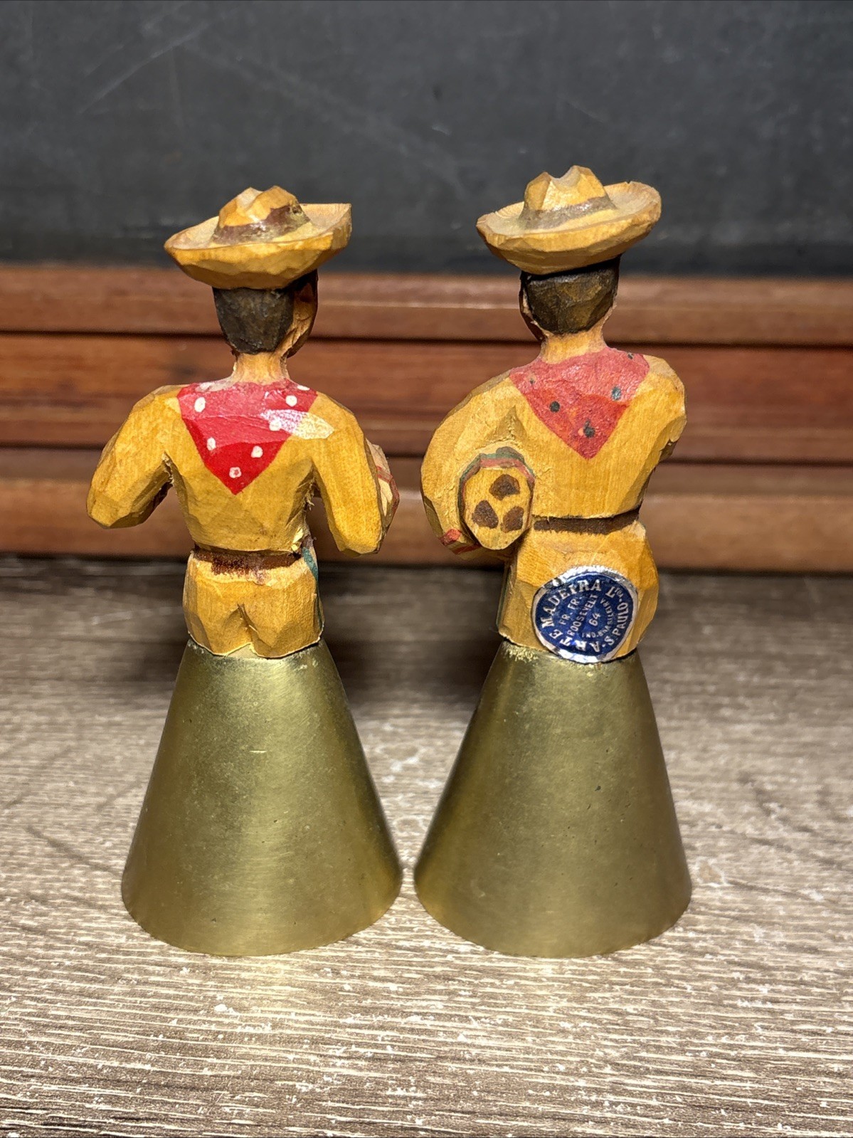 Vintage Brazil São Paulo Carved Painted Wooden Figure Metal Bell Folk Art Set D1