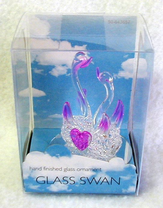 NEW Miniature GLASS SWANS on Mirror Clear w/ Hot Pink Accent Handcrafted 2-5/8″