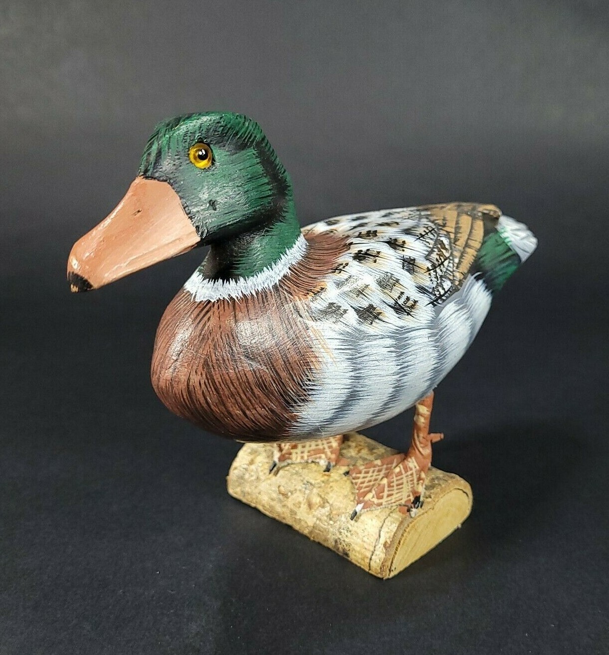 Hand Carved Wood Mallard Duck on Wood Branch Figurine Vintage Hand Painted