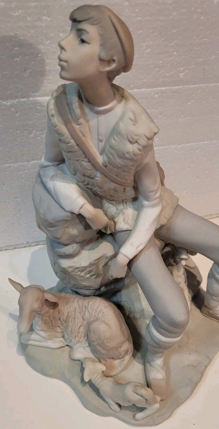 Vintage Lladro Resting Shepherd Boy Dog Tending Sheep 10.5in High X8in W X 7in D