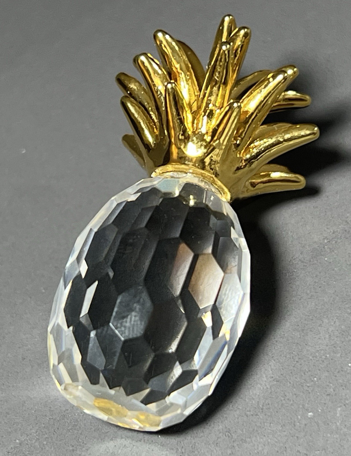 Miniature Crystal Pineapple Figurine Miniature Gold Tone Leaves 1.75 inch Tall