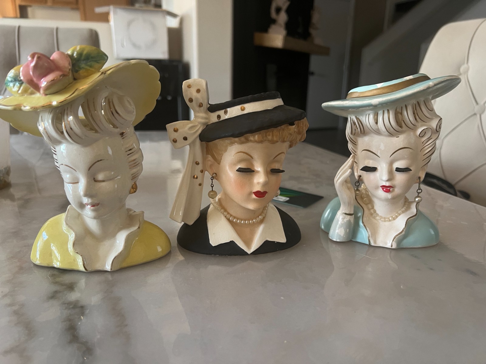 vintage rare napco lady head blue hat and gold,Lady Lucy head and Lady head yell