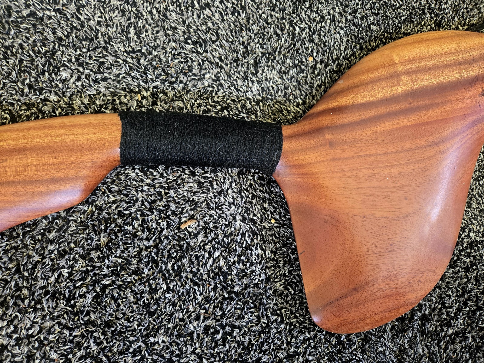 Whale Tail Wood Sculpture, Natural Finish, Black Wrapped Handle, Wood Grain