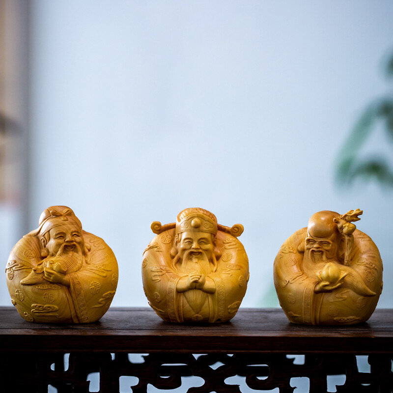 1pc 2.36″in God Wood Buddha Fu Lu Shou Wood Statue Feng Shui Home Decor Collect