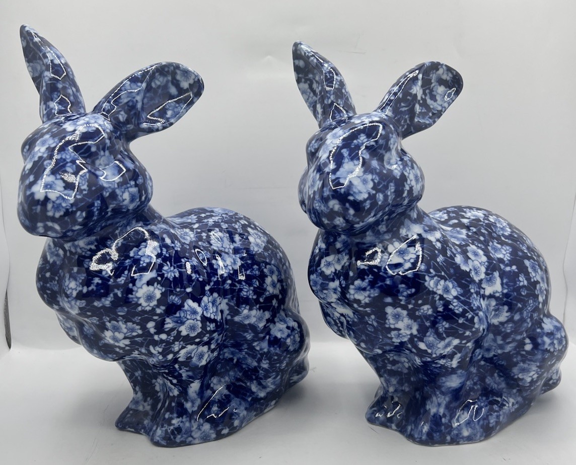 Pair Blue White Floral Ceramic Bunny Rabbits Chinoiserie Decor 12” Rare, NICE