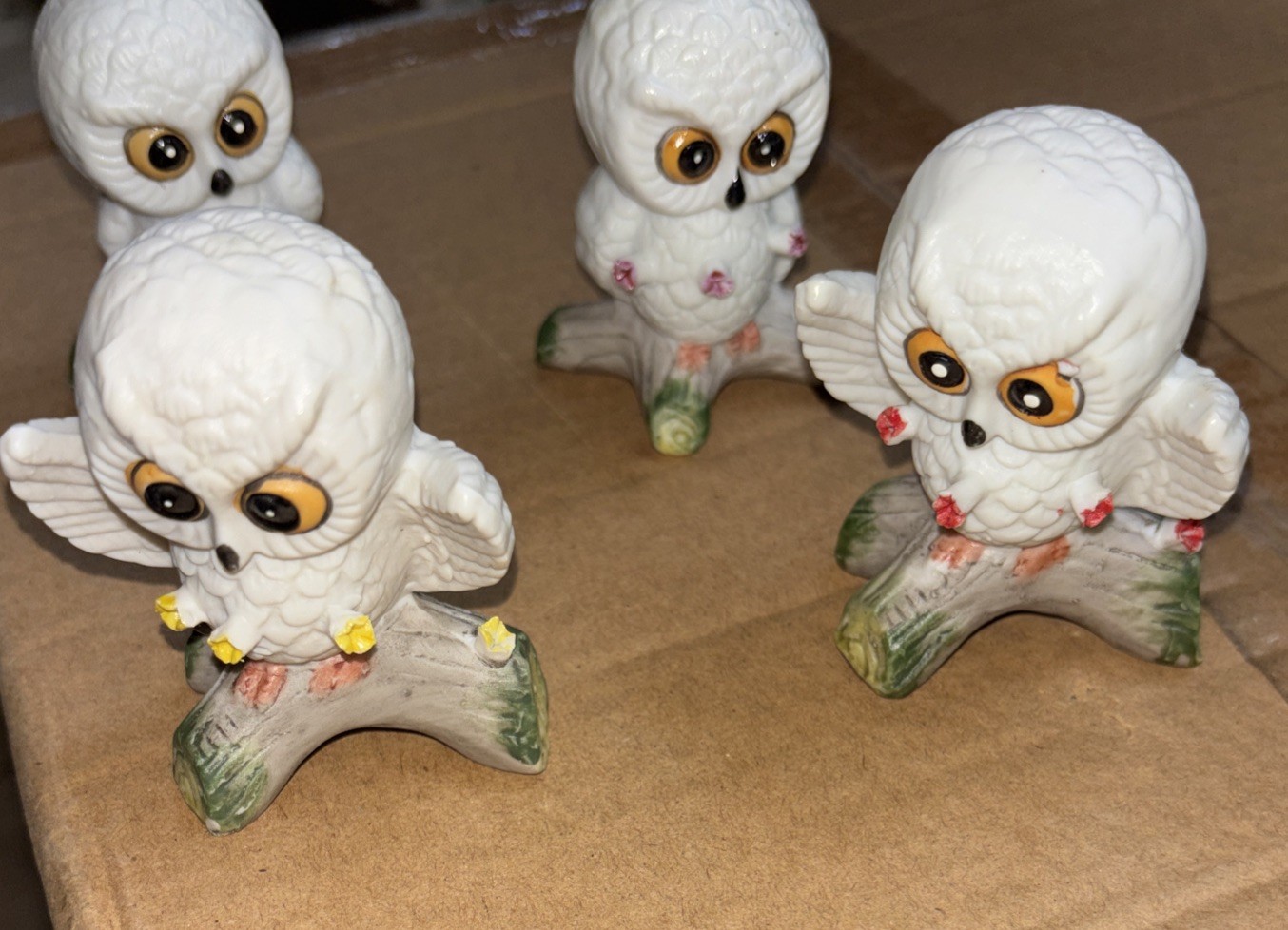 Set of Four Vintage White Porcelain Owl Figurines on Branches Floral Accents box