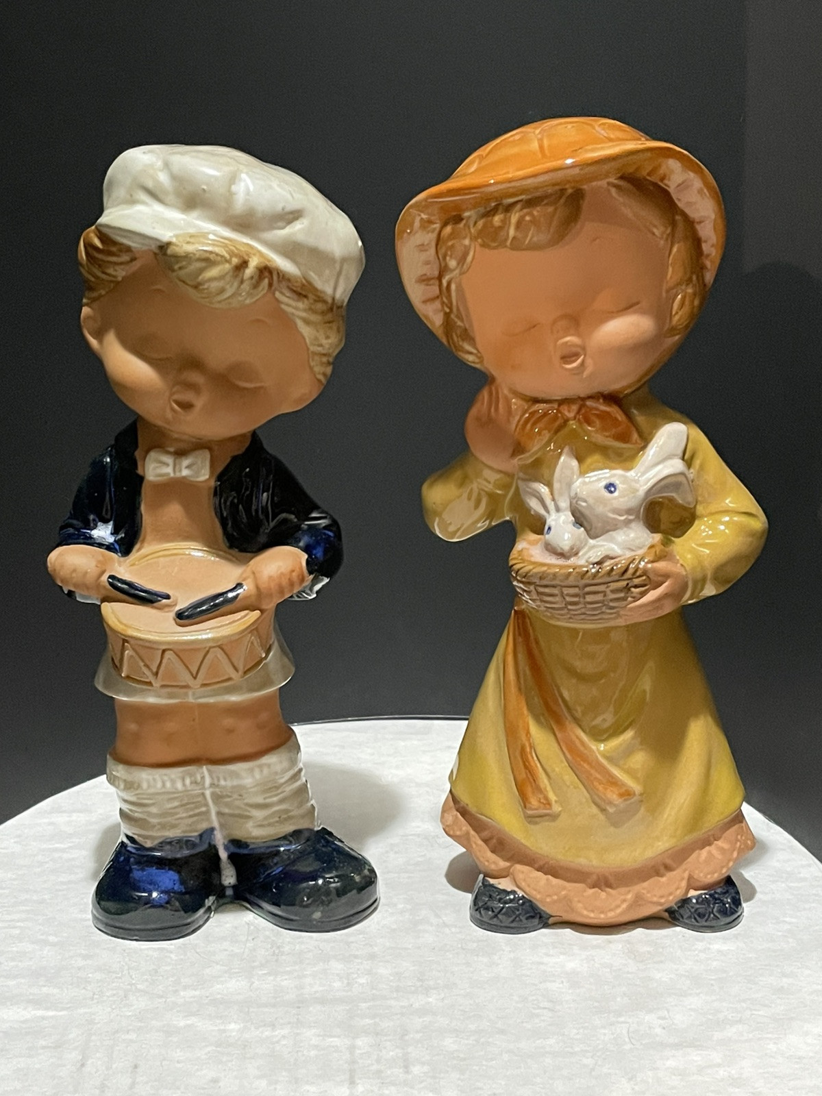 Drumming Boy and Girl + Bunnies 8.5 in Tall Japan Handcrafted Gift
