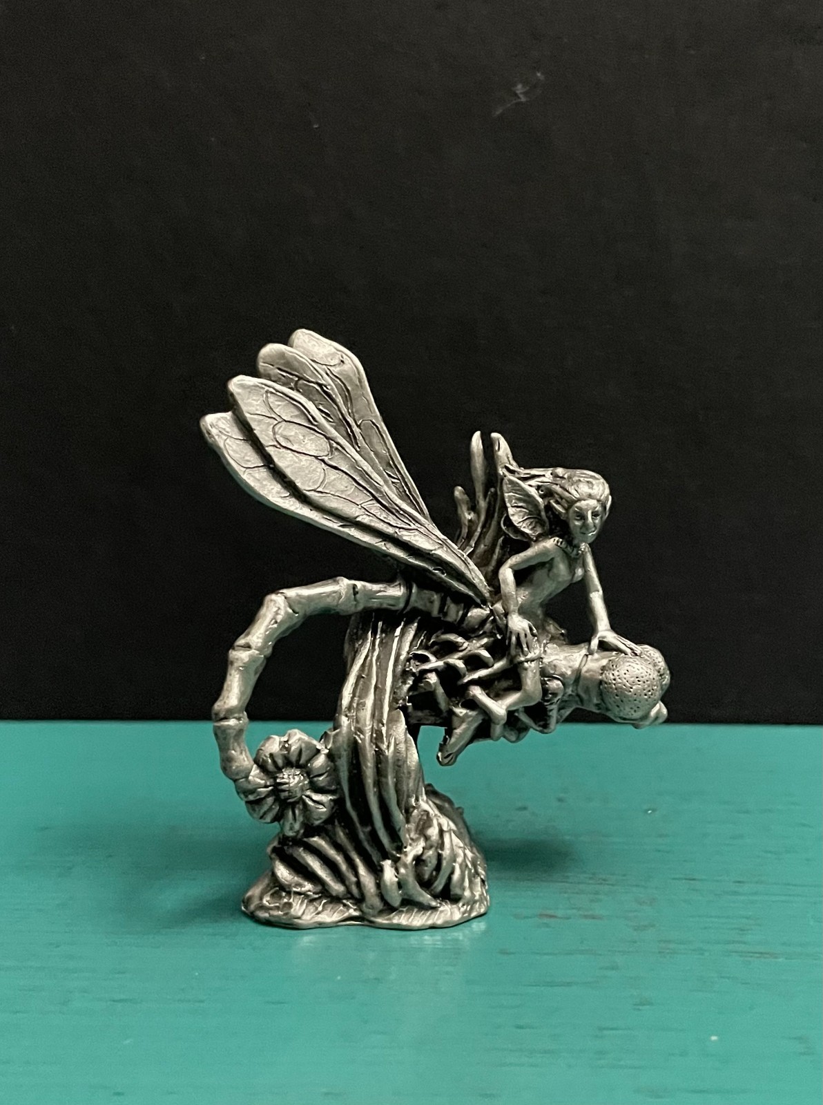 Hudson Pewter Fairy Pixie Forest Fae Riding Dragonfly Insect Wings Mini Figurine