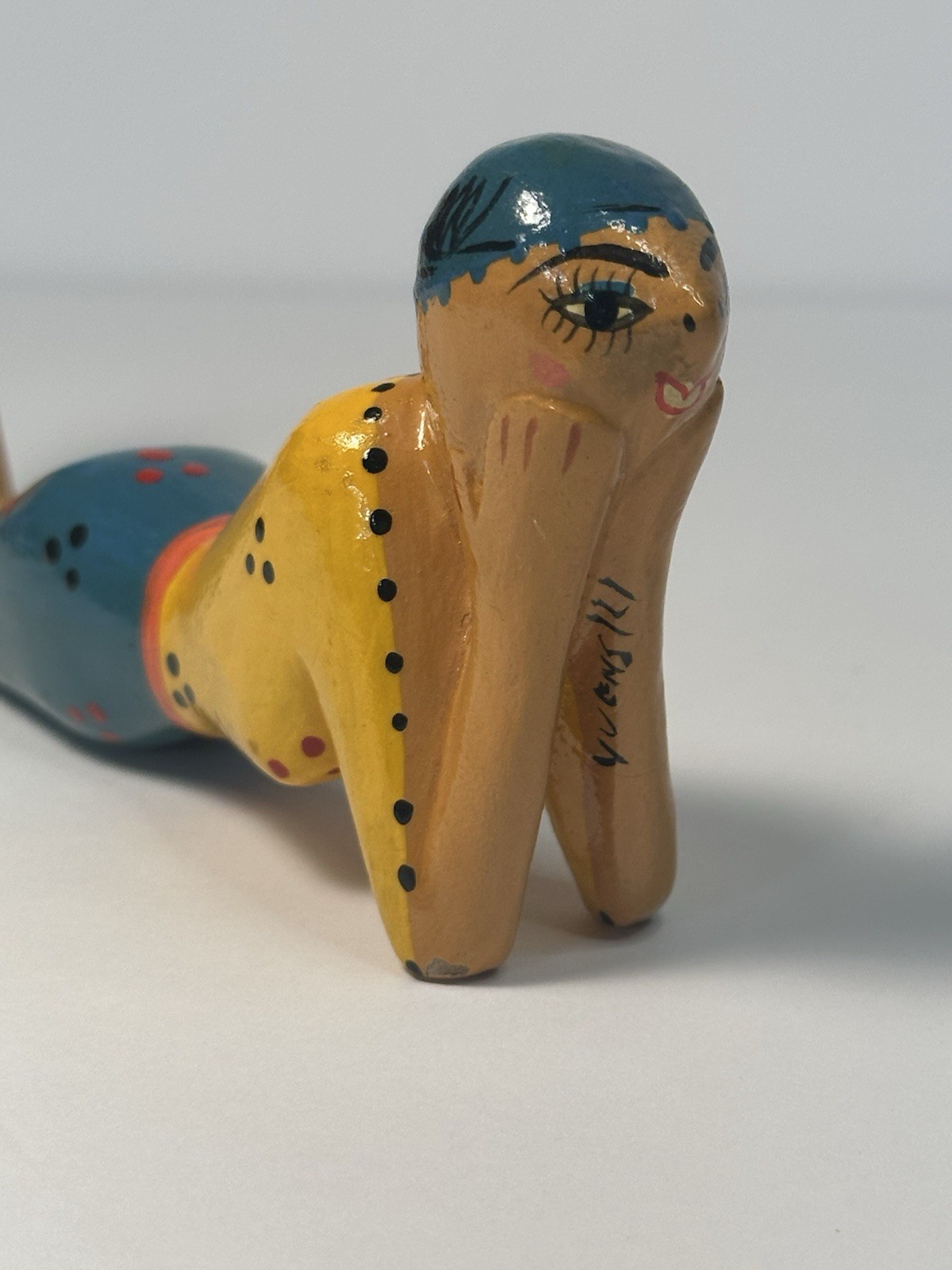 Signed Hand Painted Wooden Person Folk Art Figurine Pose Fun Detailed