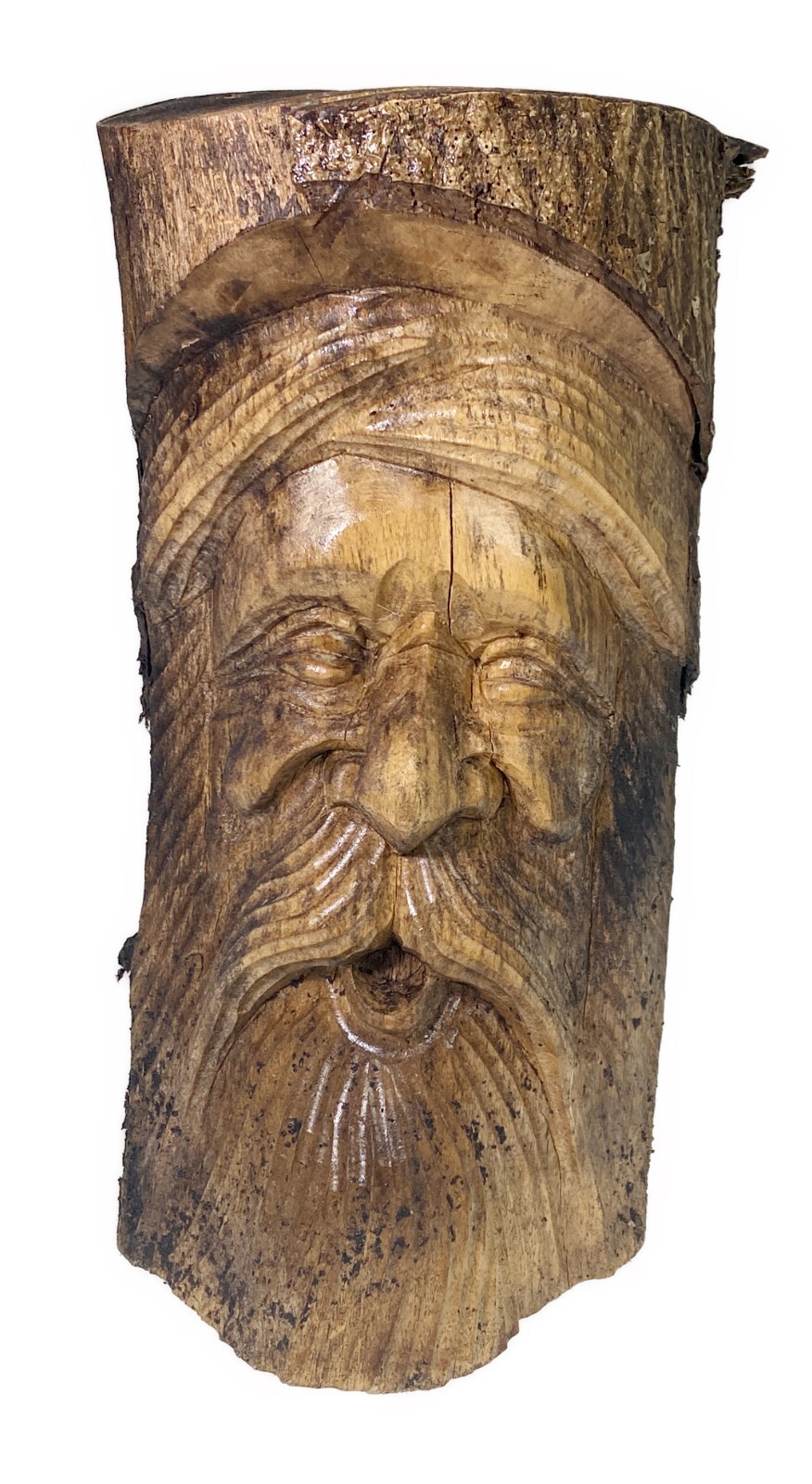 12.5” Face Man Carved Wood Tree Stump Weathered Primitive Greenman Odin