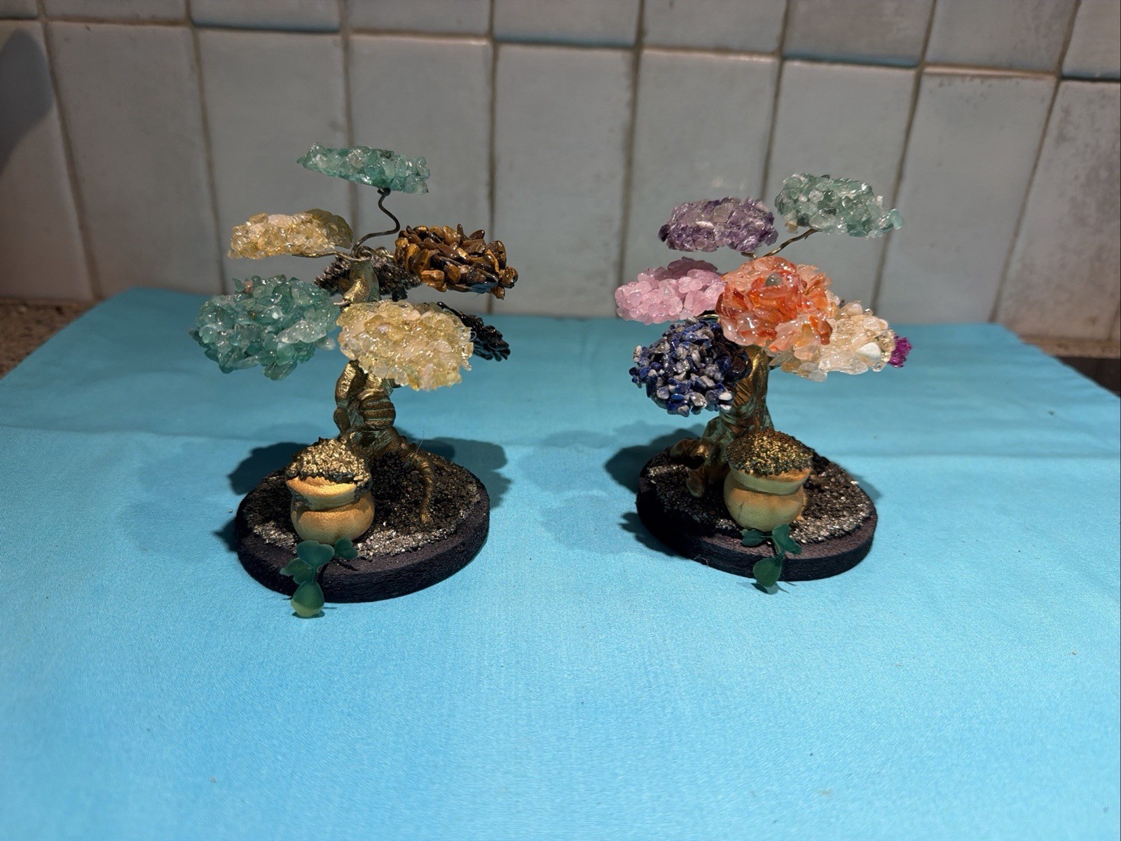 2- 4.5″Multicolor Gemstone Bonsai Trees w/Pyrite on Wood Sculpture Made in Peru