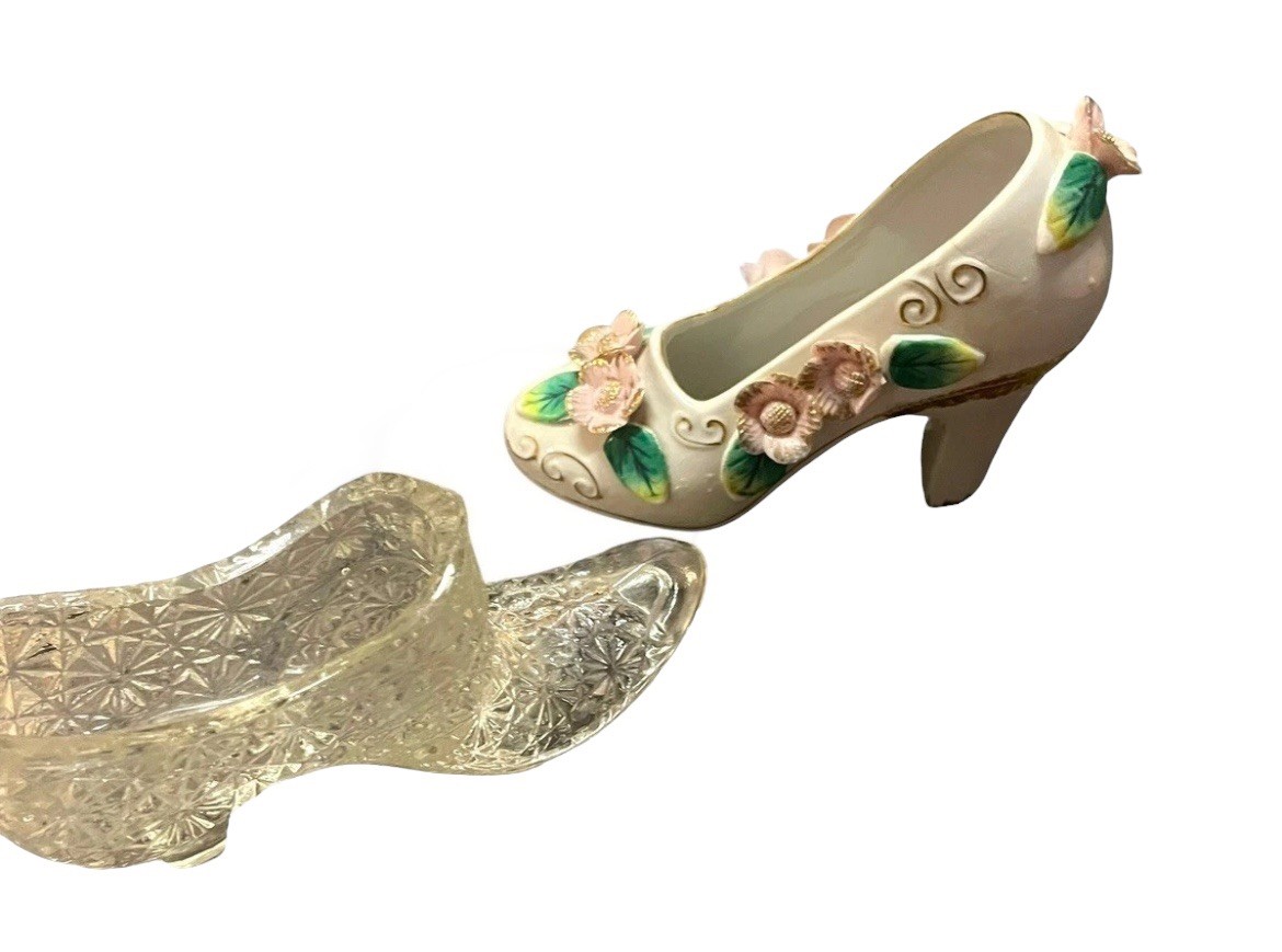 Vintage Mini High Heel Shoe Figurines Glass & Floral Porcelain Set Of 2