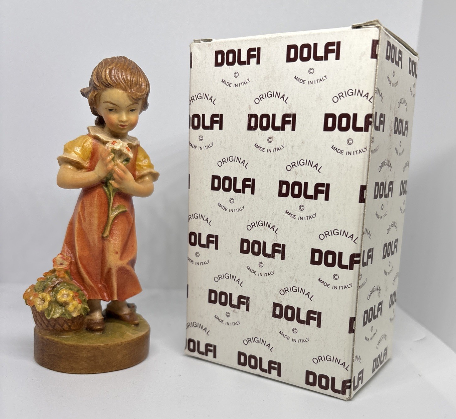 DOLFI Hand Carved Wood Girl Figurine Flower Bouquet 4 1/2” w/ Box