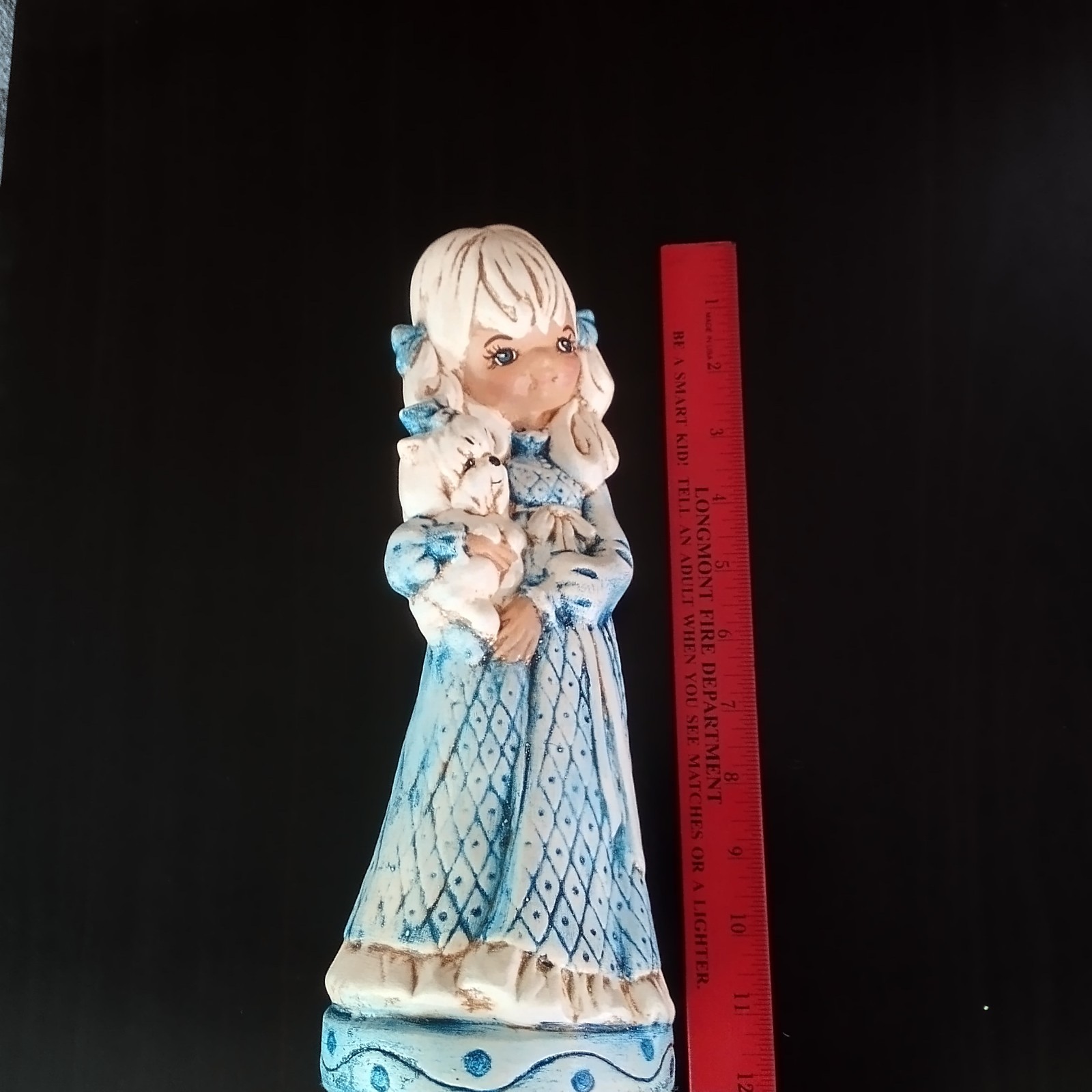 Vintage ’70s Ceramic Hand-painted Girl And Dog Blue Dress 11 Inches Tall