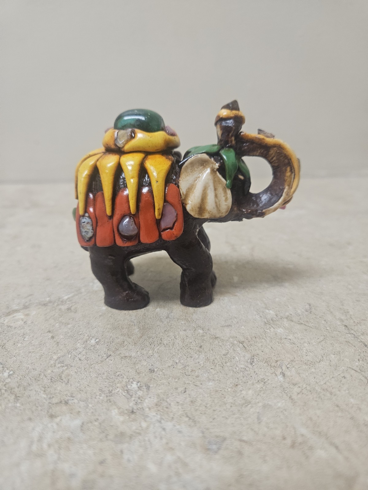 Lucky Elephant Figurine Sculpted Bright Colored Jeweled Resin Clay Handmade