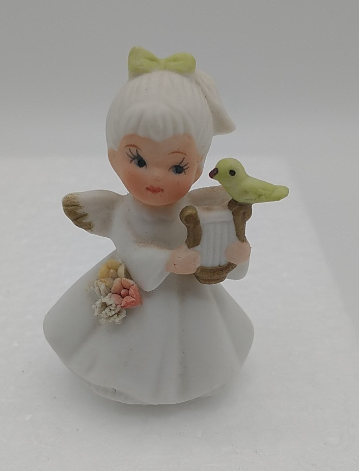 Napcoware Figurine Angel Girl Music Harp White Bone China Miniature Green Bird