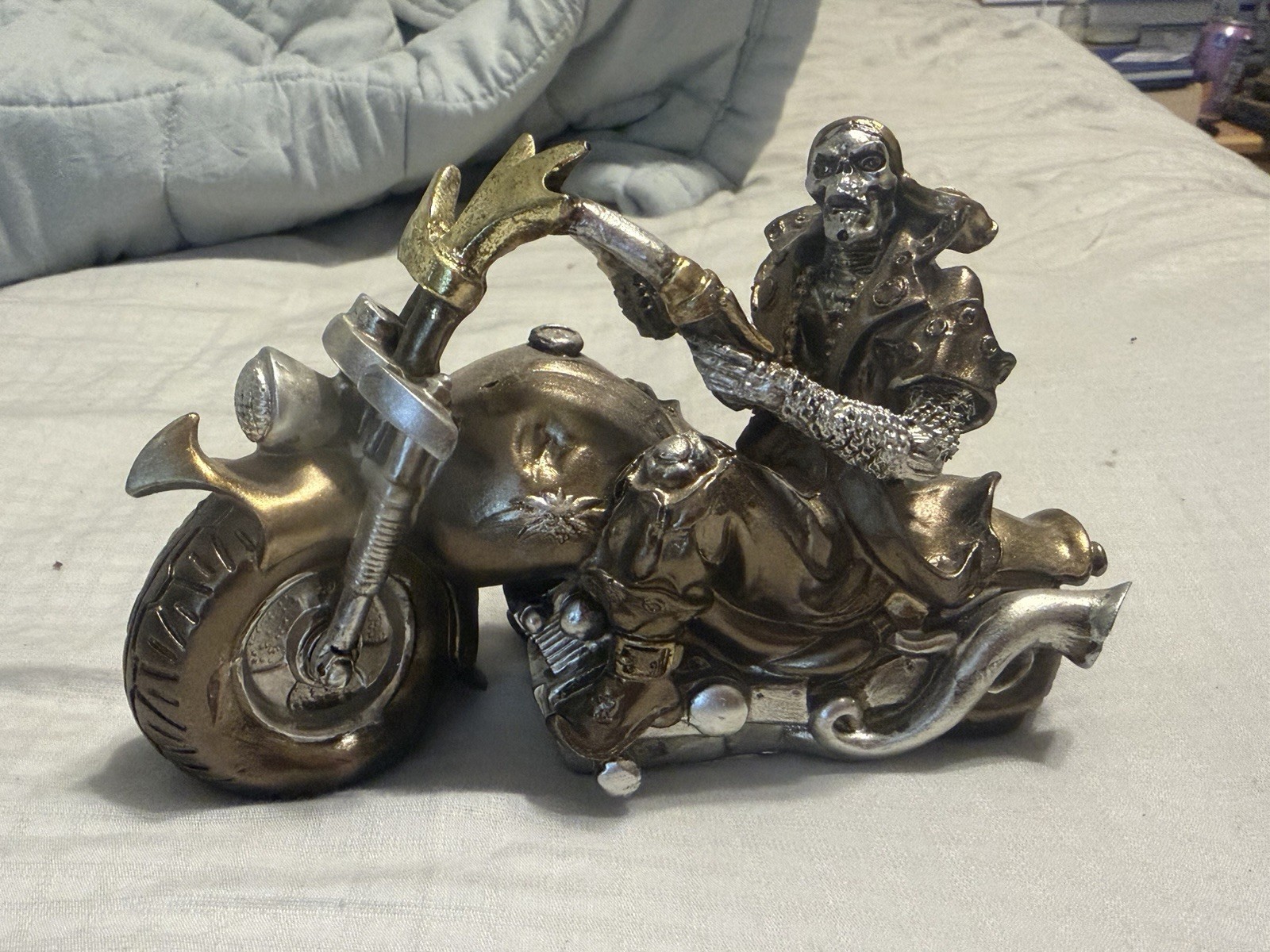Bronze Silver Metal Skeleton Motorcycle Figurine Sculpture Fantasy Theme