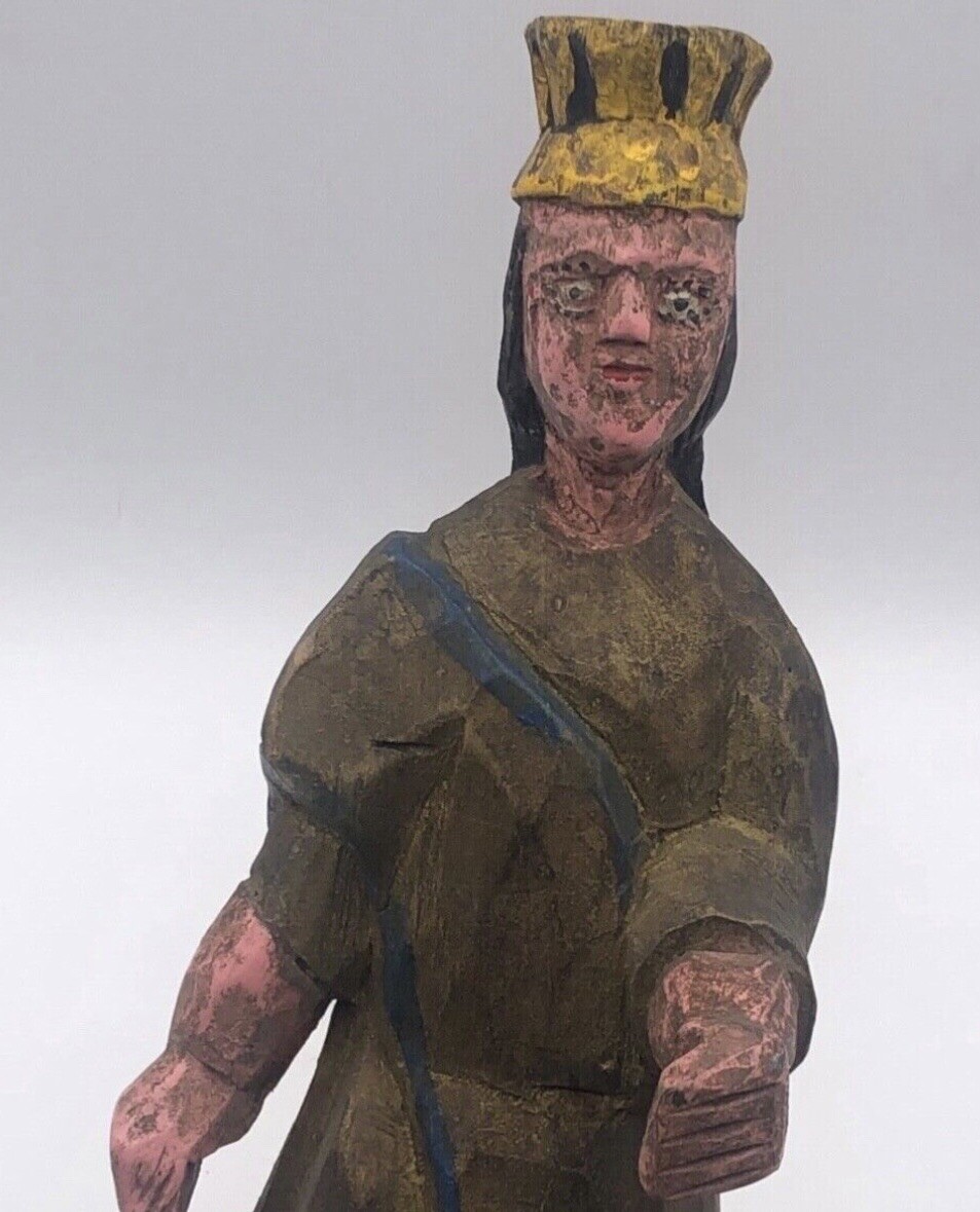 Santa Catarina Brazil Vintage 12.75” Hand Carved Wooden Crowned Figure With Imp