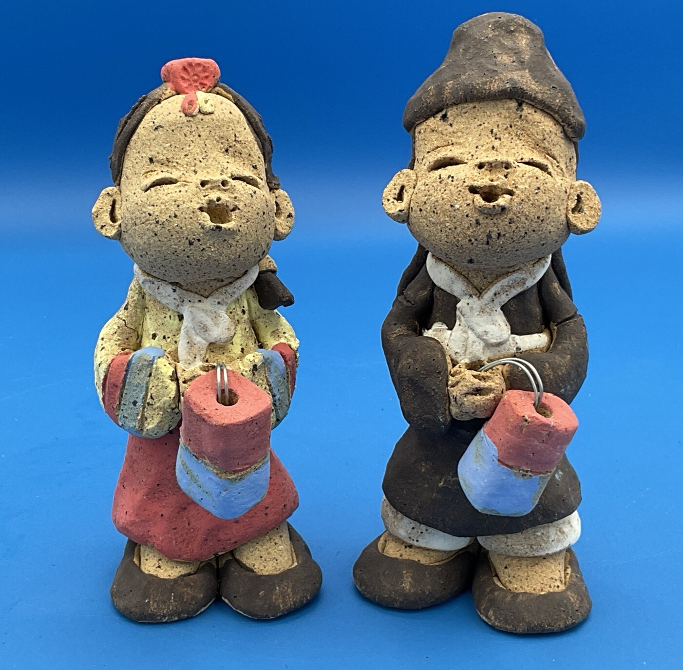 Vintage Korean Clay Pottery Man And Woman Figurines Kissing Asian