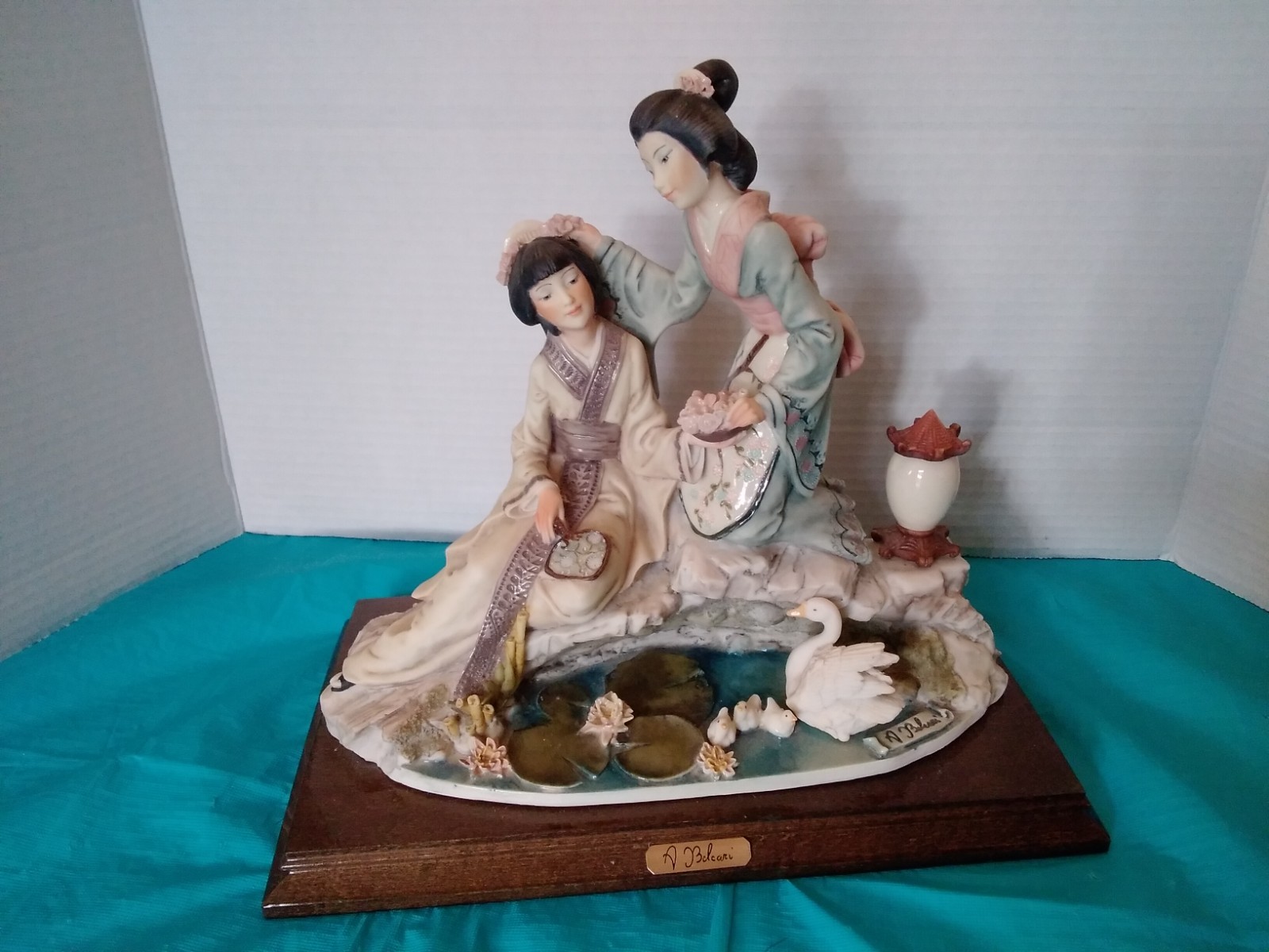 Vintage 1987 Belcari Japan Springtime on Bridge/Bench Geishas Flowers Swans