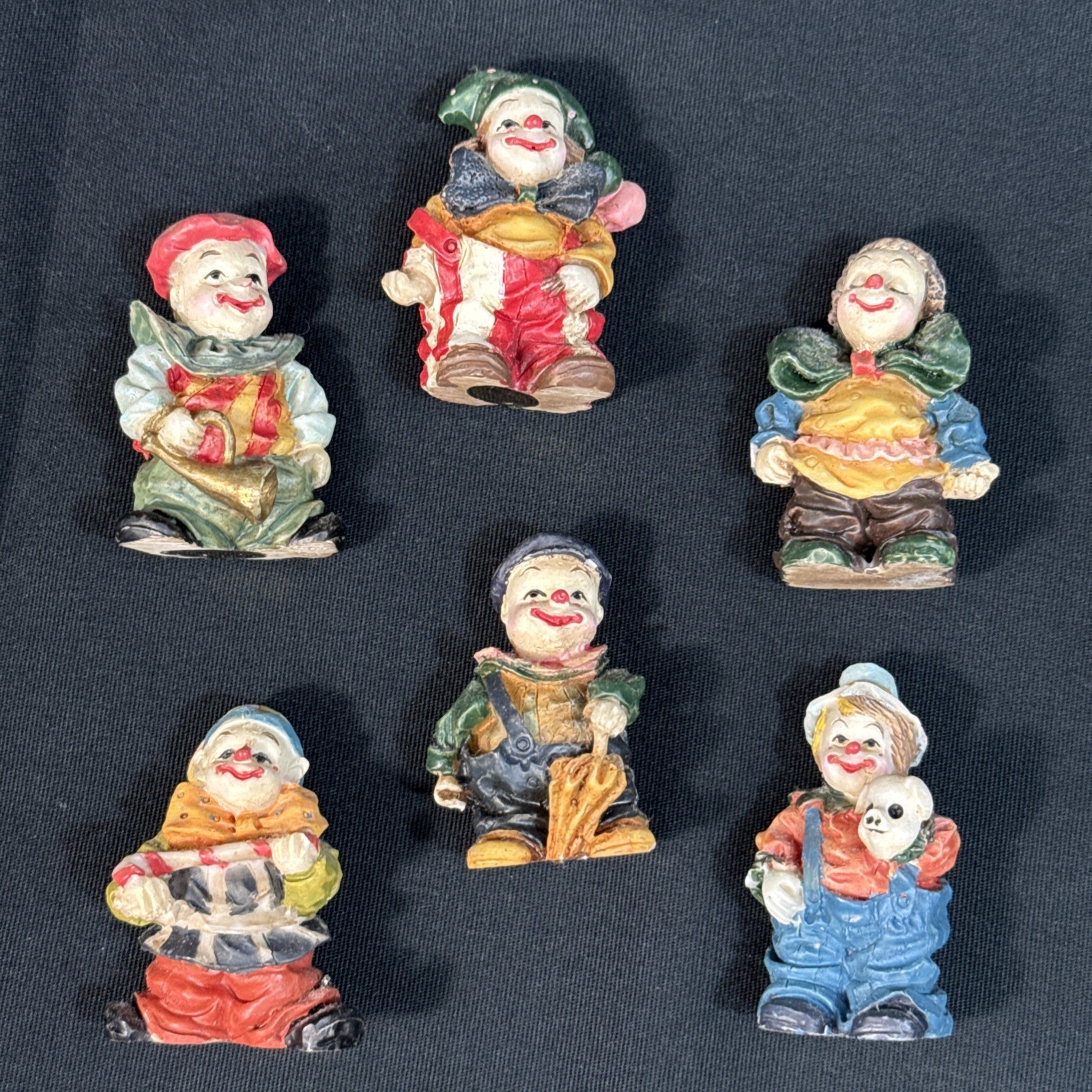 Lot Of 6 Clowns, Resin 2″ Classic Whimsical Circus figurines, Bright Colors