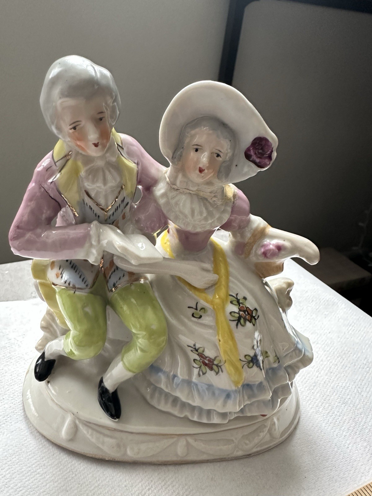 Vintage 1850’s Courting Colonial Couple Porcelain Figurine, Multi-Colored