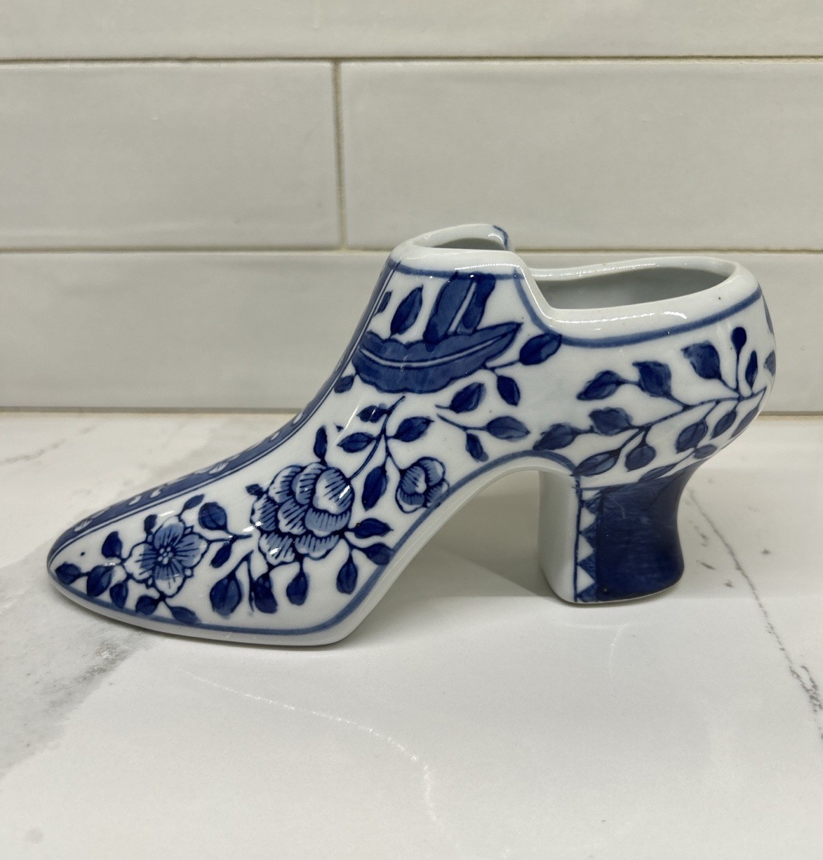 Blue And White Porcelain High Heel Shoe Decorative Figurine Chinoiserie