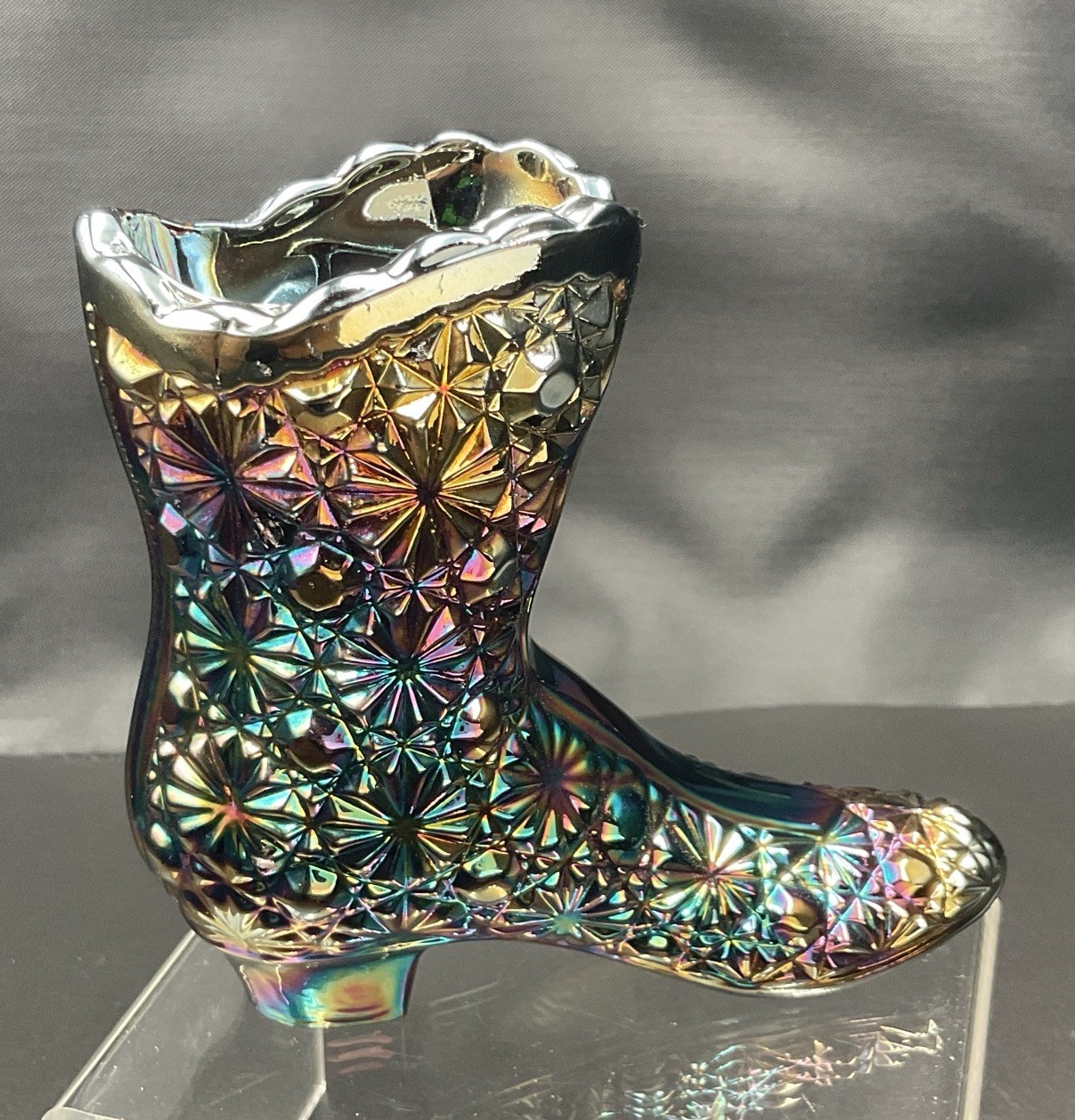 Fenton Art Glass Cobalt Blue Carnival Iridescent Glass Daisy & Button Boot 4.25″