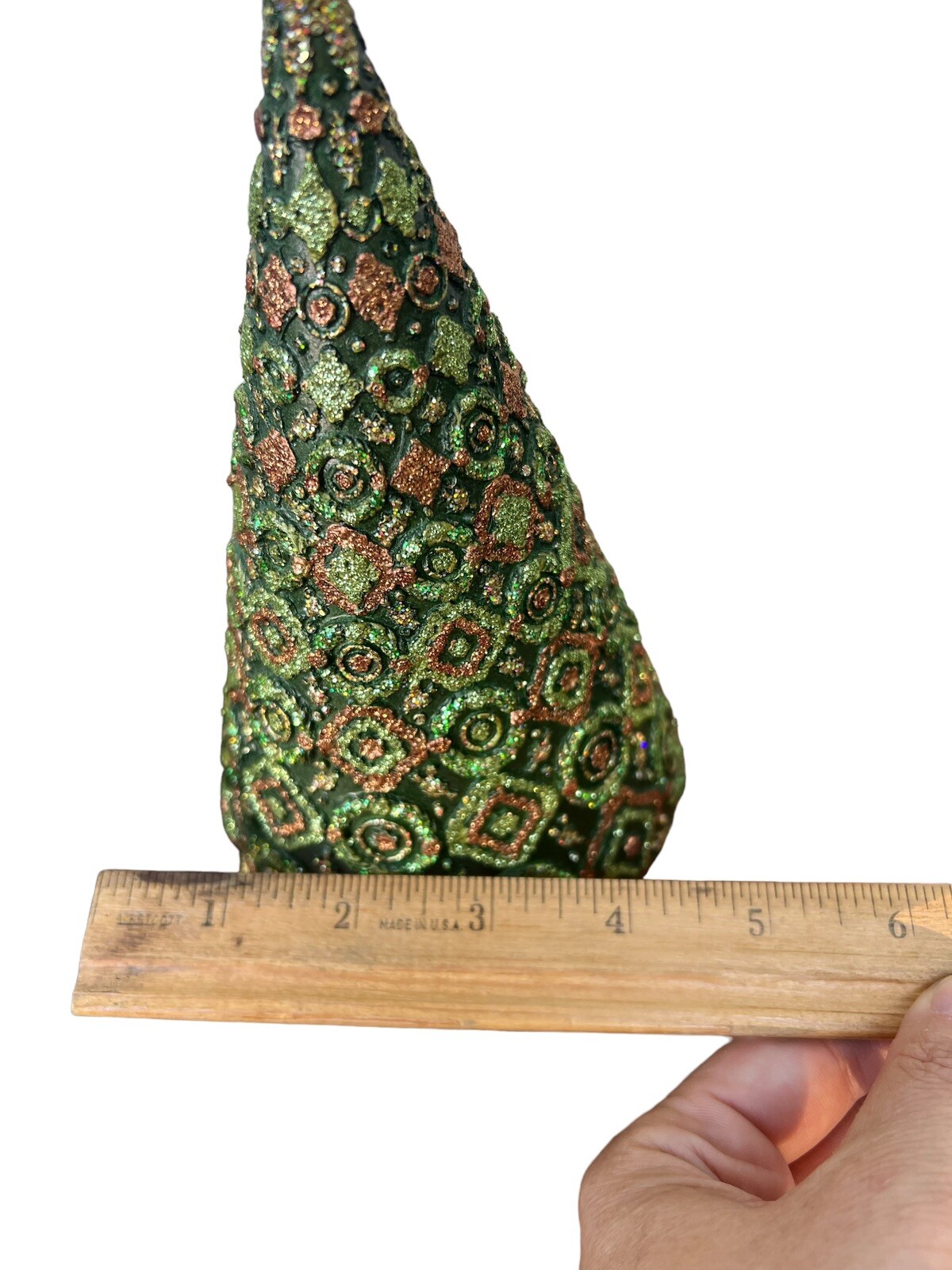 Green Copper Gold Resin Glittered Cone Tree On Base Matching Decorative Box NOS