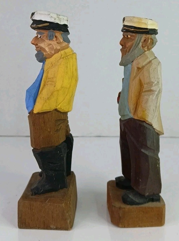 Vintage Hand Carved Wood Sea Captain Figurines Pair Nautical Sailor Old Salt Art