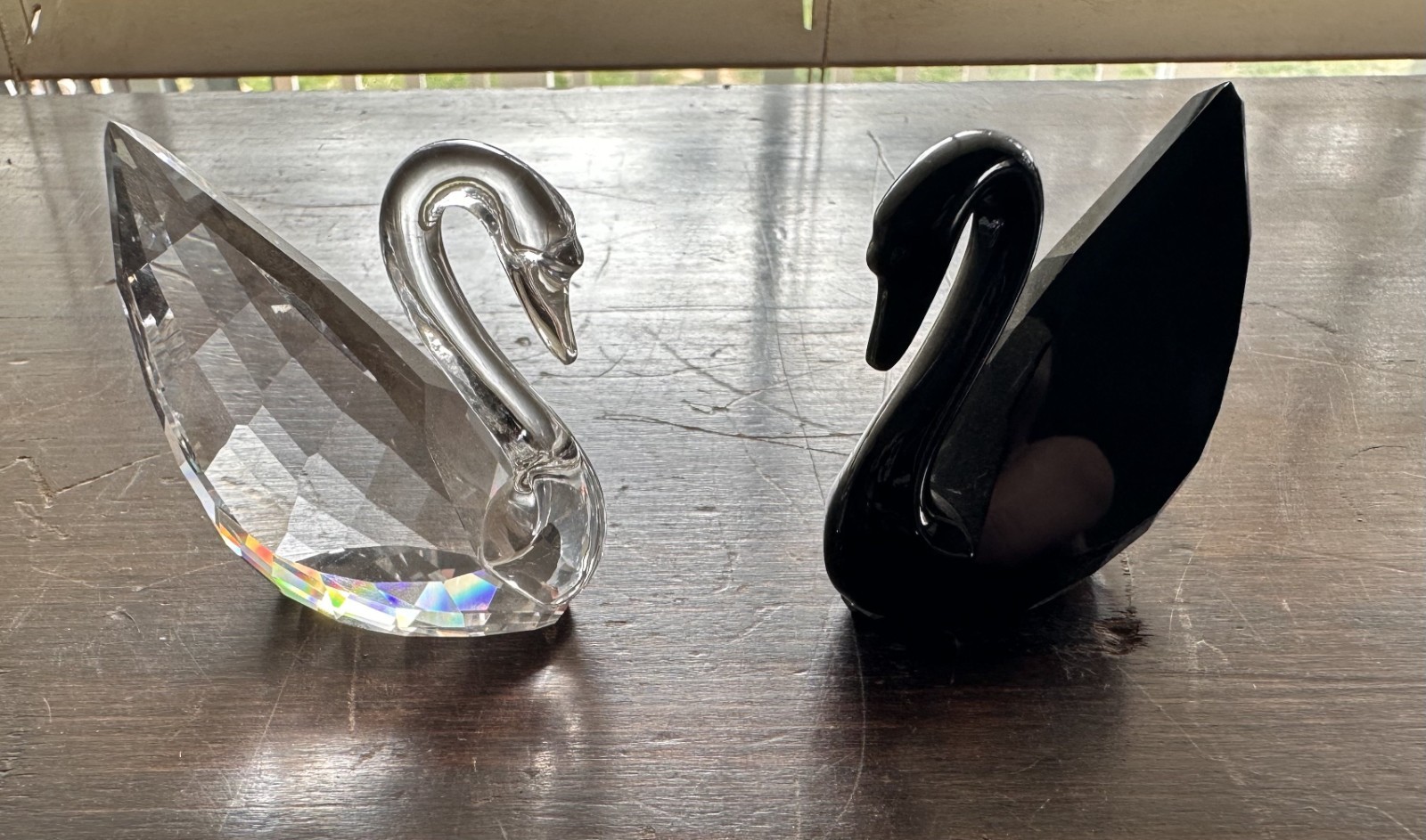 Pair Swarovski Crystal Swan Figurines – Clear and Black with etched logo