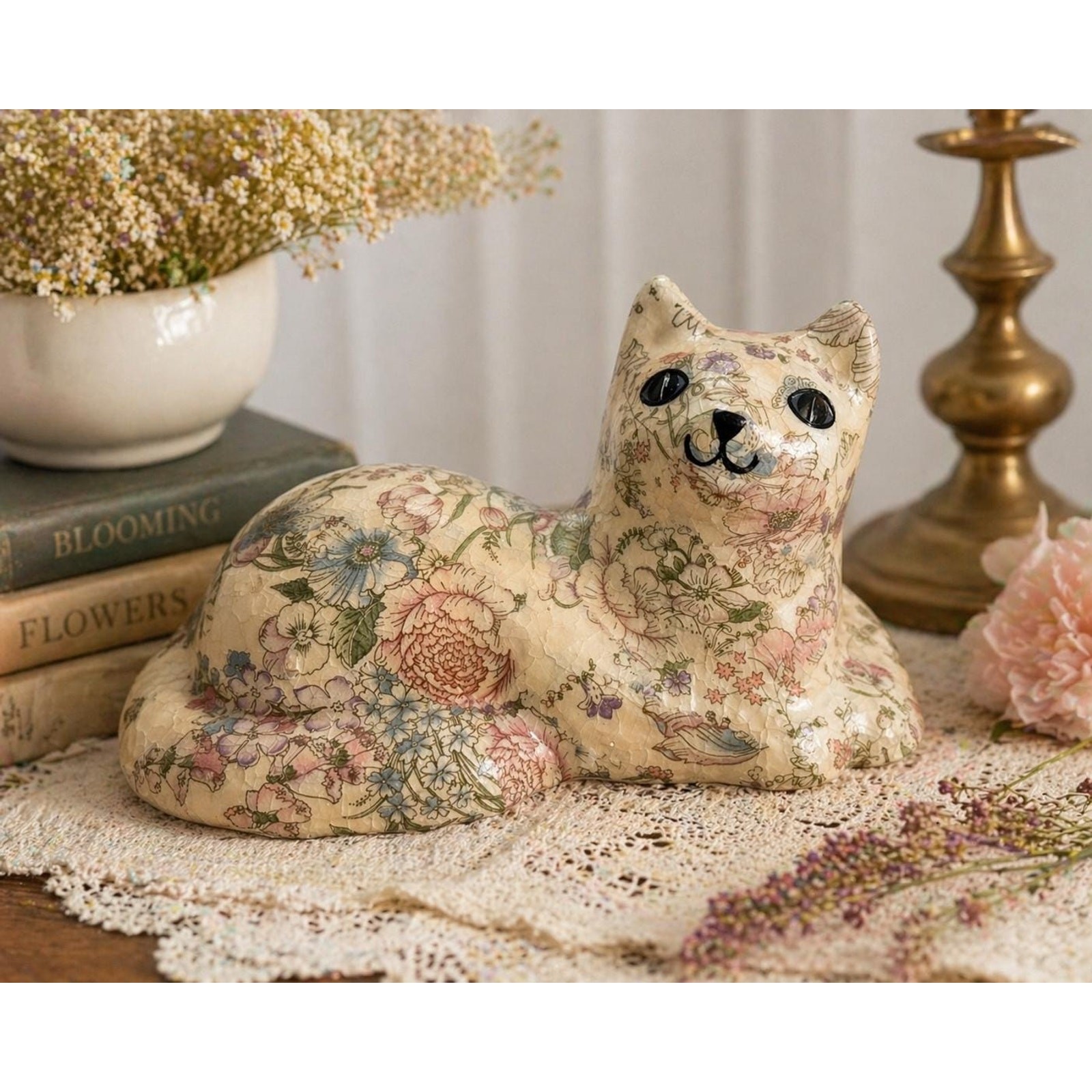 Vintage Floral Decoupage Cat Figurine Doorstop Cottagecore Decor