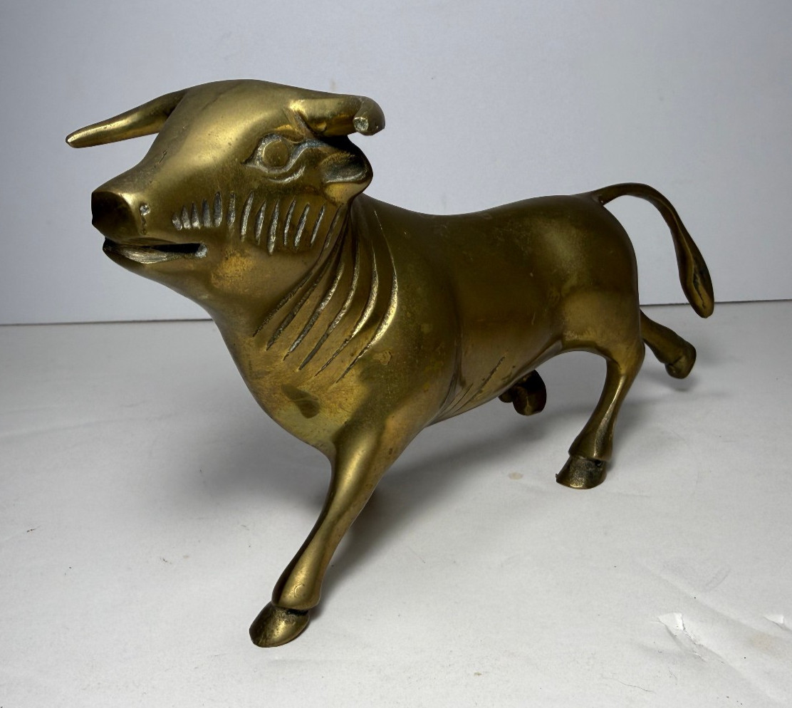 Vintage Brass Bull Figurine Running Cow Ox Statue 8.5″ Long