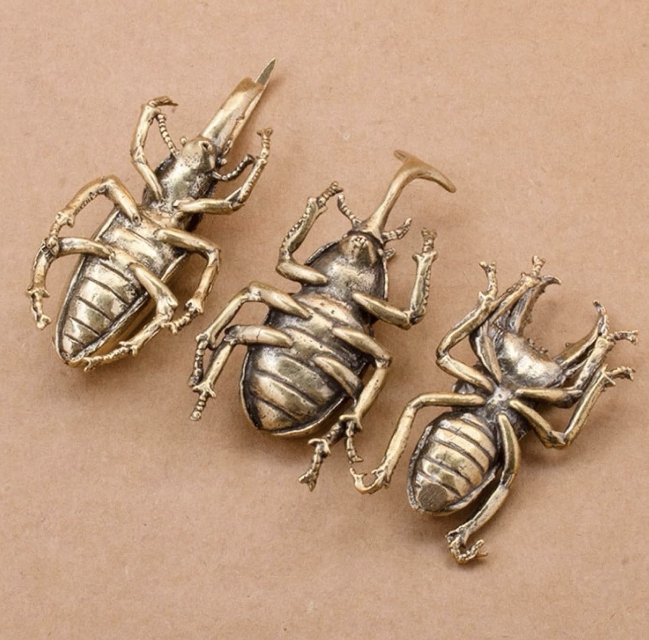 3Pcs Solid Brass Insect Figurine Beetle Statue Home Animal Decor Ornament USA
