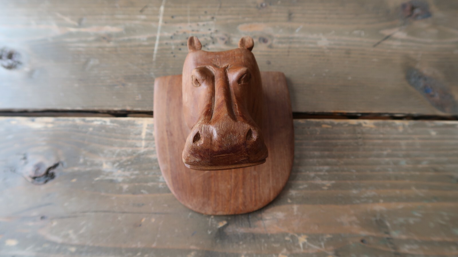 Vintage Wood Carving HIPPO Wall Mount 4.25″ Big Game Hunting