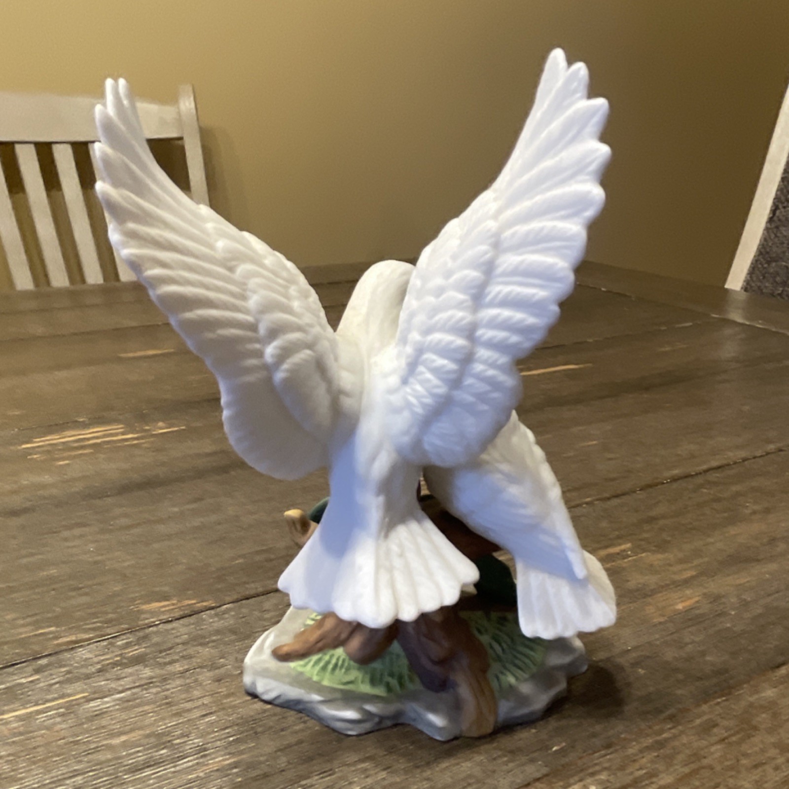 Ceramic Bird Figurine with Two White Doves, Painted White, Green, Brown