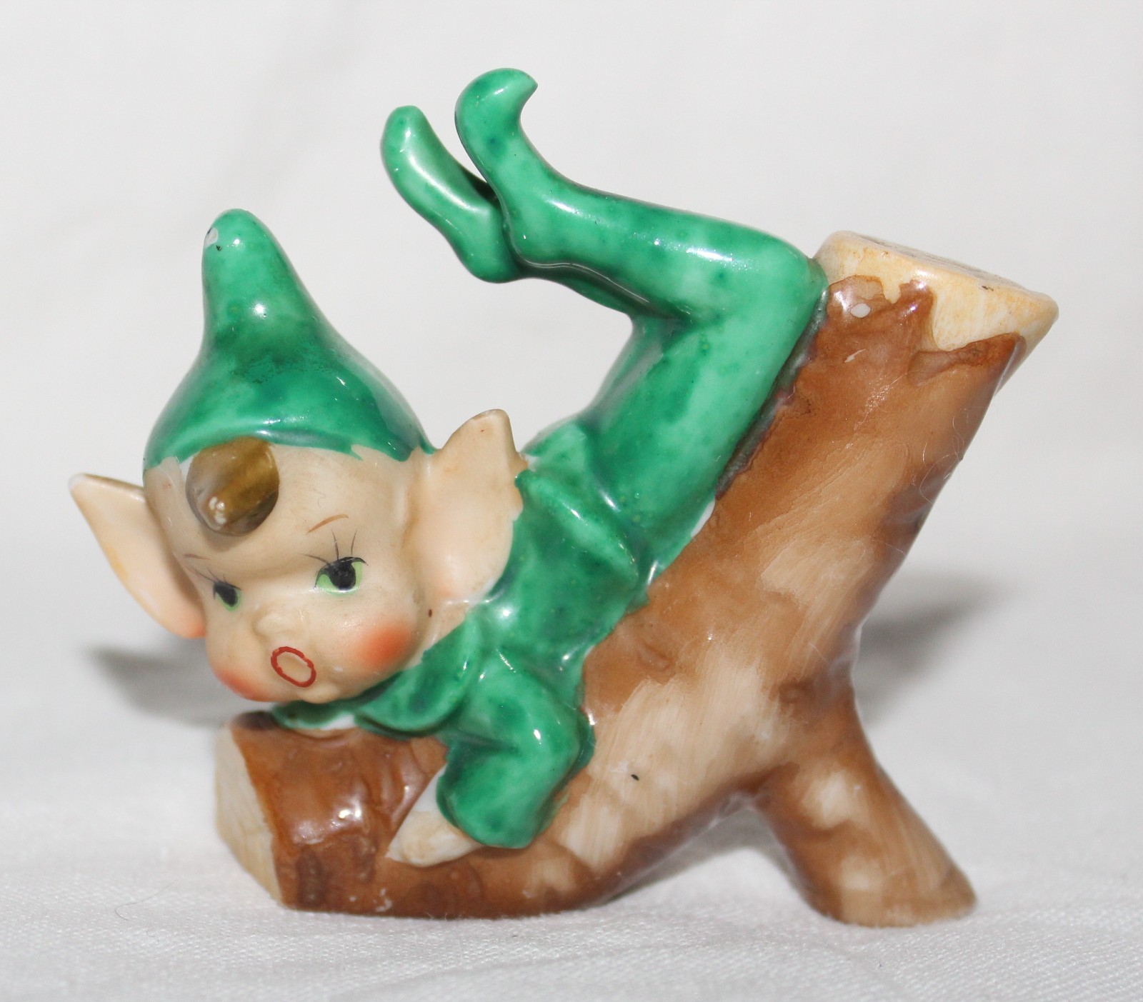 Vintage Green Pixie Elf on Log Ceramic Figurine Retro MCM Christmas Japan