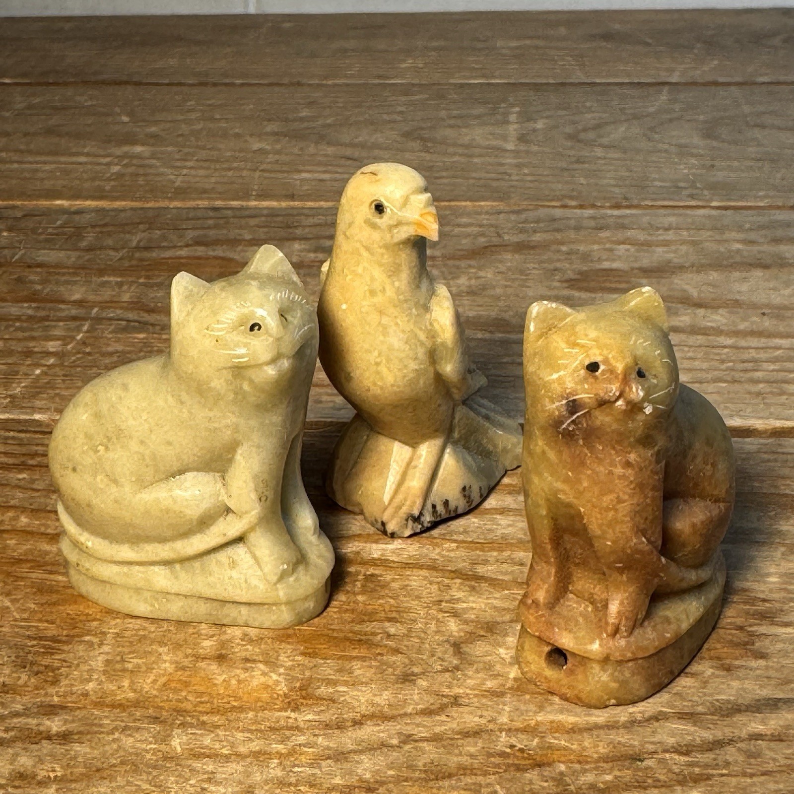 Lot Of 3 Figures Stone Cats And Bird Pigeon Hand Carved Trinket Shelf Filler
