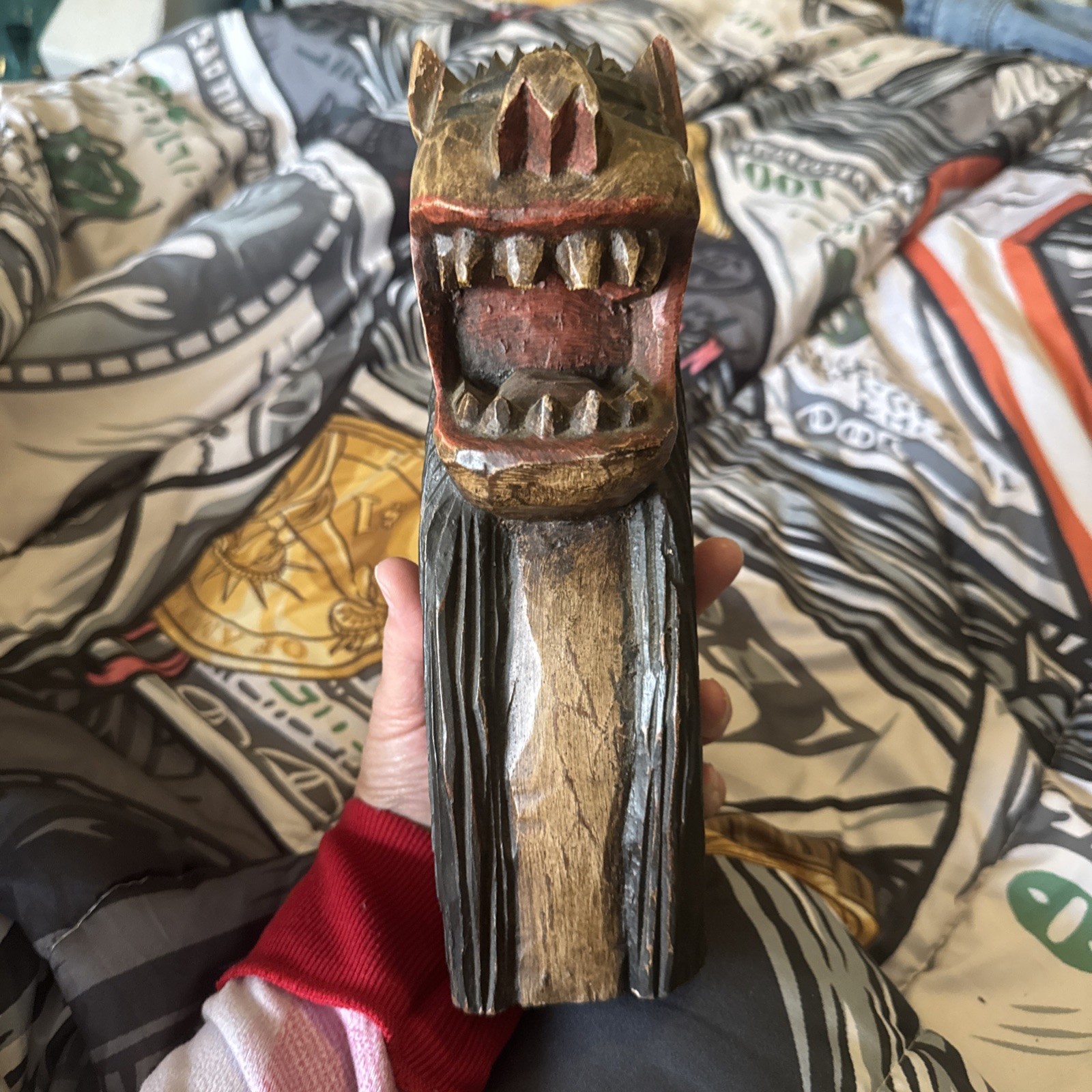 Vintage Carved Wood Ship’s Prow, Mystical Animal Head, Folk Tribal Art