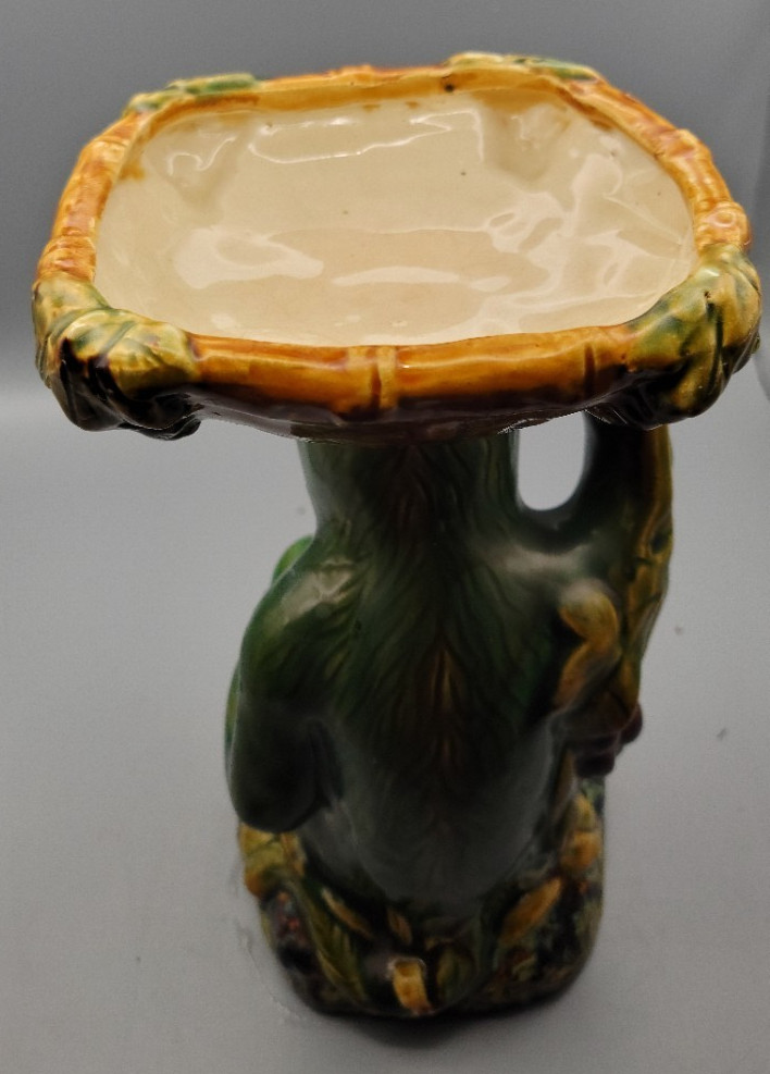 60s VTG Majolica Style Ceramic Monkey Holding Basket Pedestal Bowl Figurine 9.5″