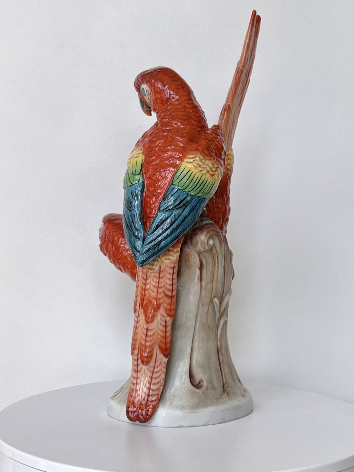 Antique Porcelain Bird Figurine Red Macaw Parrots Sinzendorf 1918 13″ High