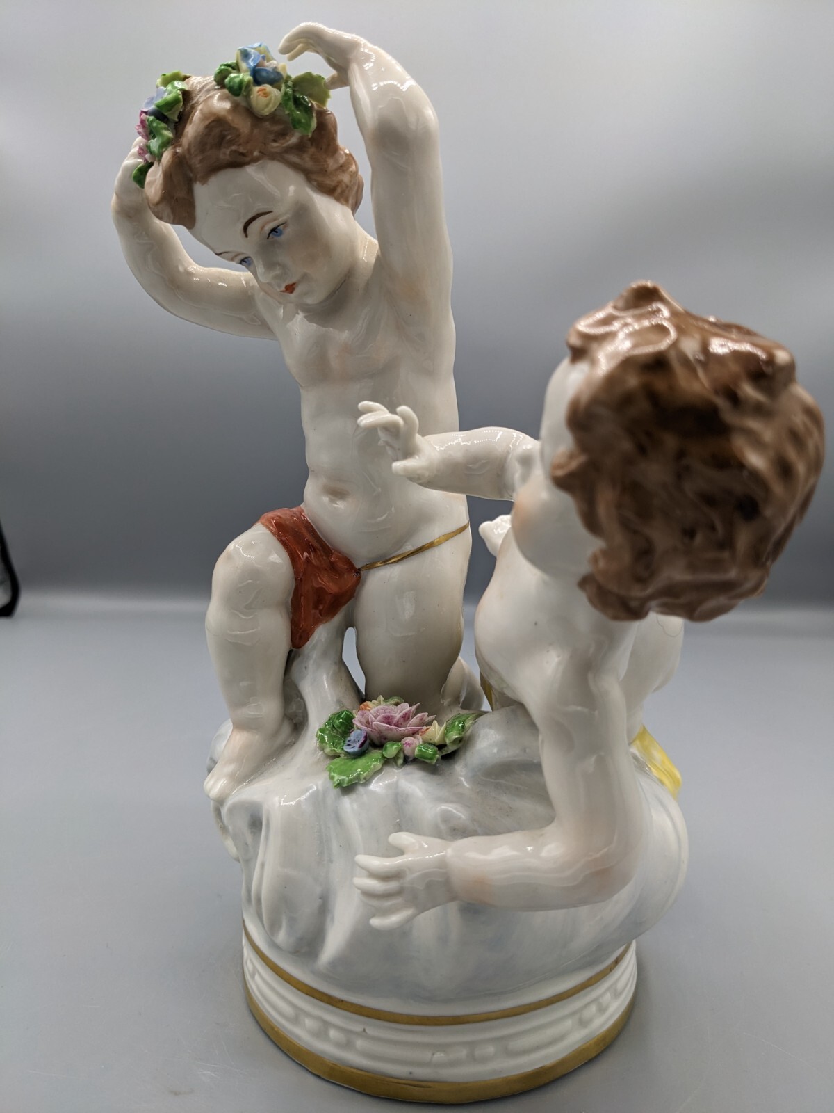 1900s Antique Muller Volkstedt Porcelain Figurine Flowers Pickers 8″ Rare
