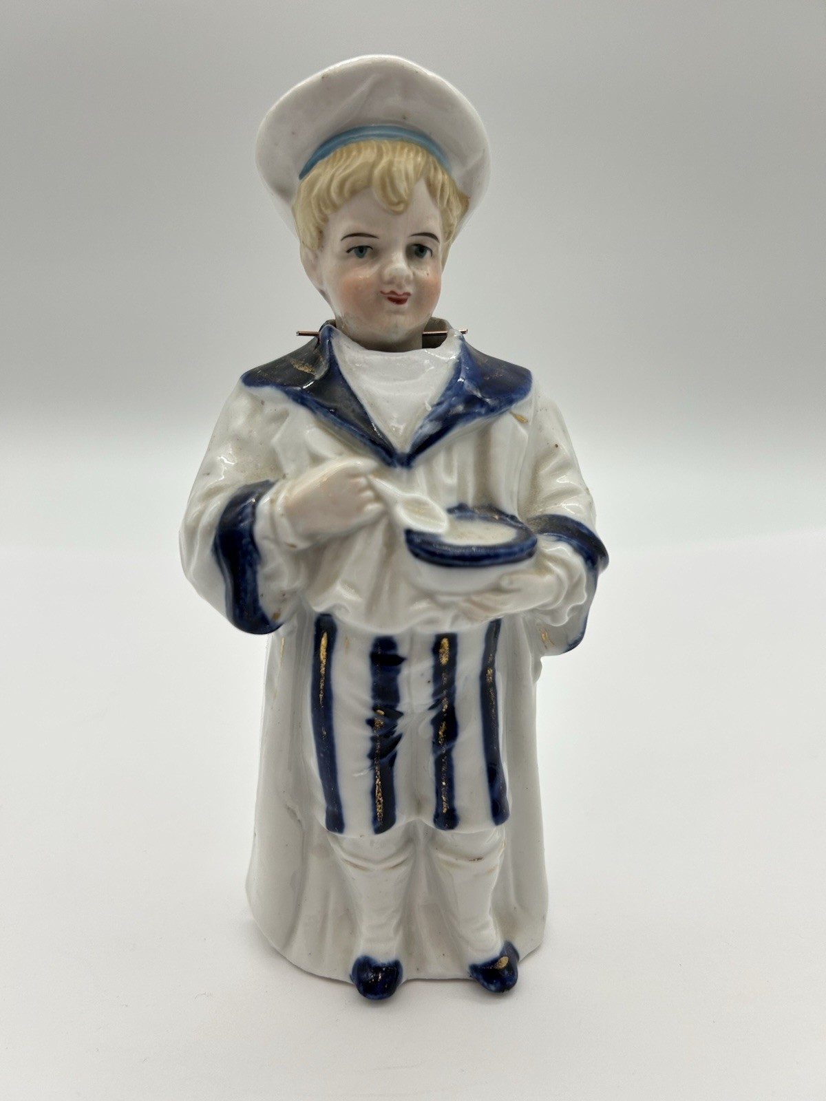 Vintage Porcelain Sailor Nodder Figurine German Blue & White Moving Head 6-3/4”