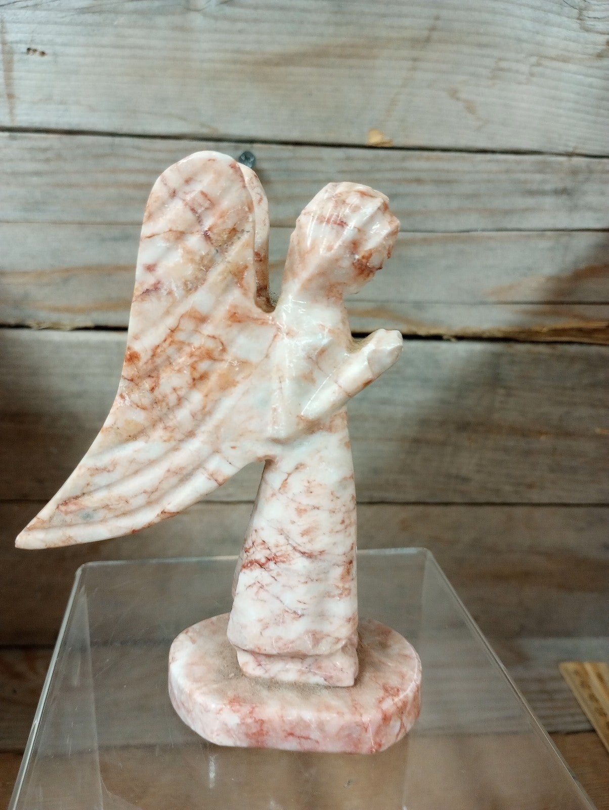 Vintage Carved Pink Marble Angel Statuette with Praying Hands Figurine 5″ Tall.
