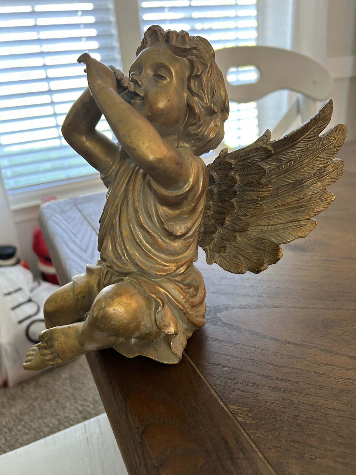 Gold Heavy Resin Trumpeting Sitting Cherub Angel w/Wings Renaissance Sculpture