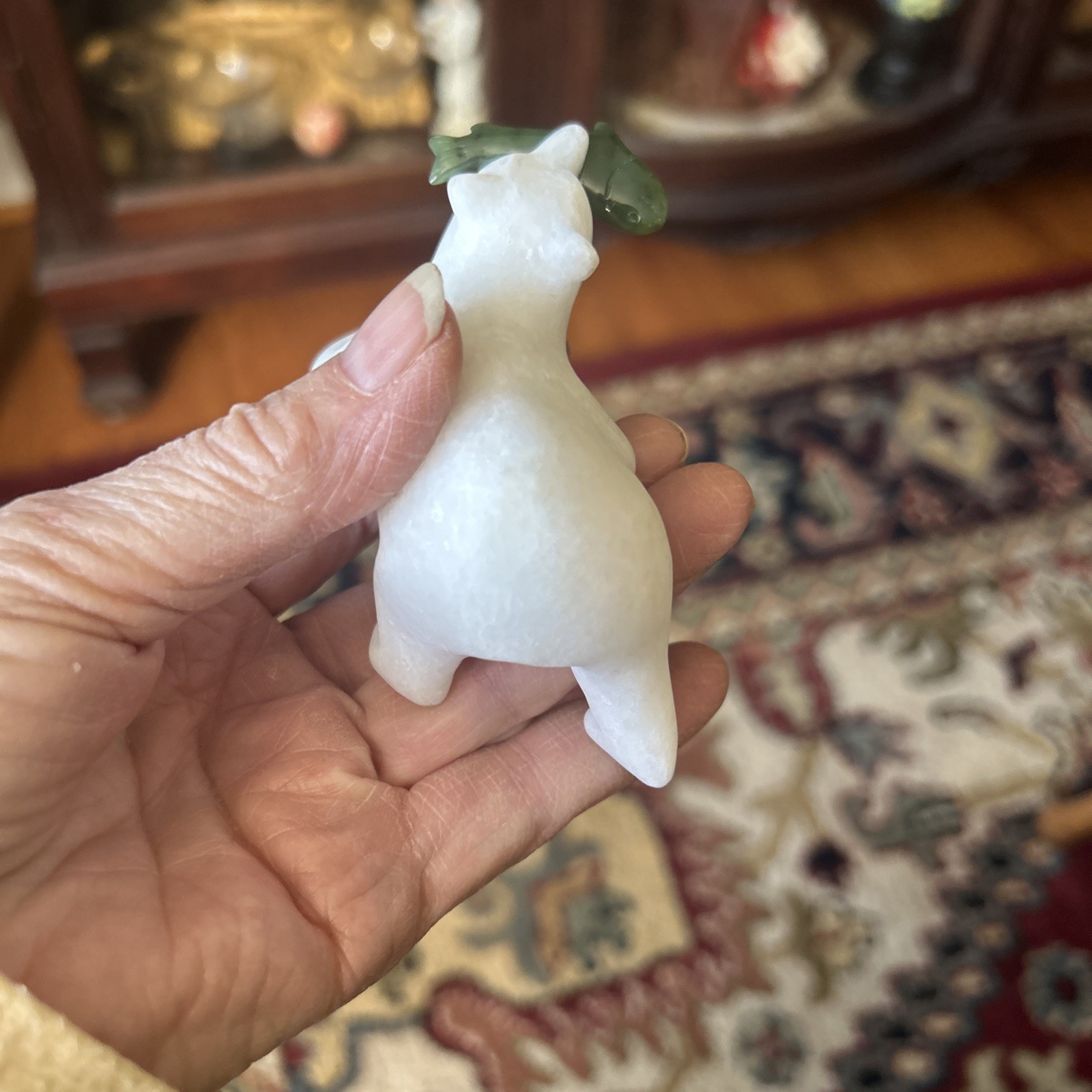 Hand Carved White Marble Polar Bear with Cassiar Green Jade Fish Figurine