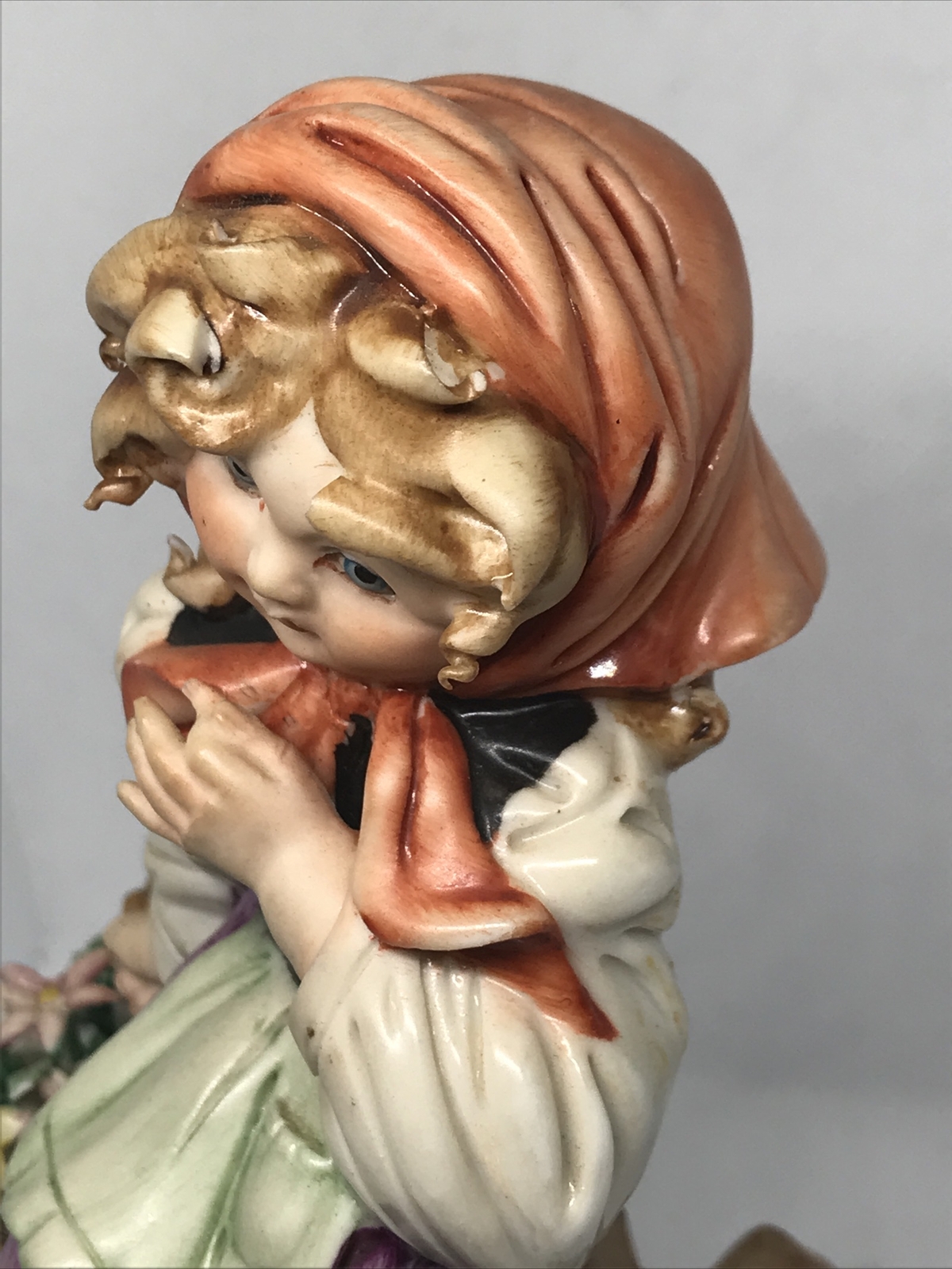 Capodimonte Italian Peasant Girl Carrying Flowers Figurine, 13 1/2″ SIGNED