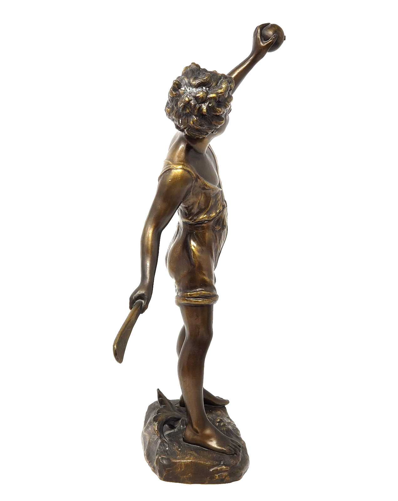 Antique Bronze Sculpture Cricket Boy Signed F. Iffland Art Nouveau 14.5″