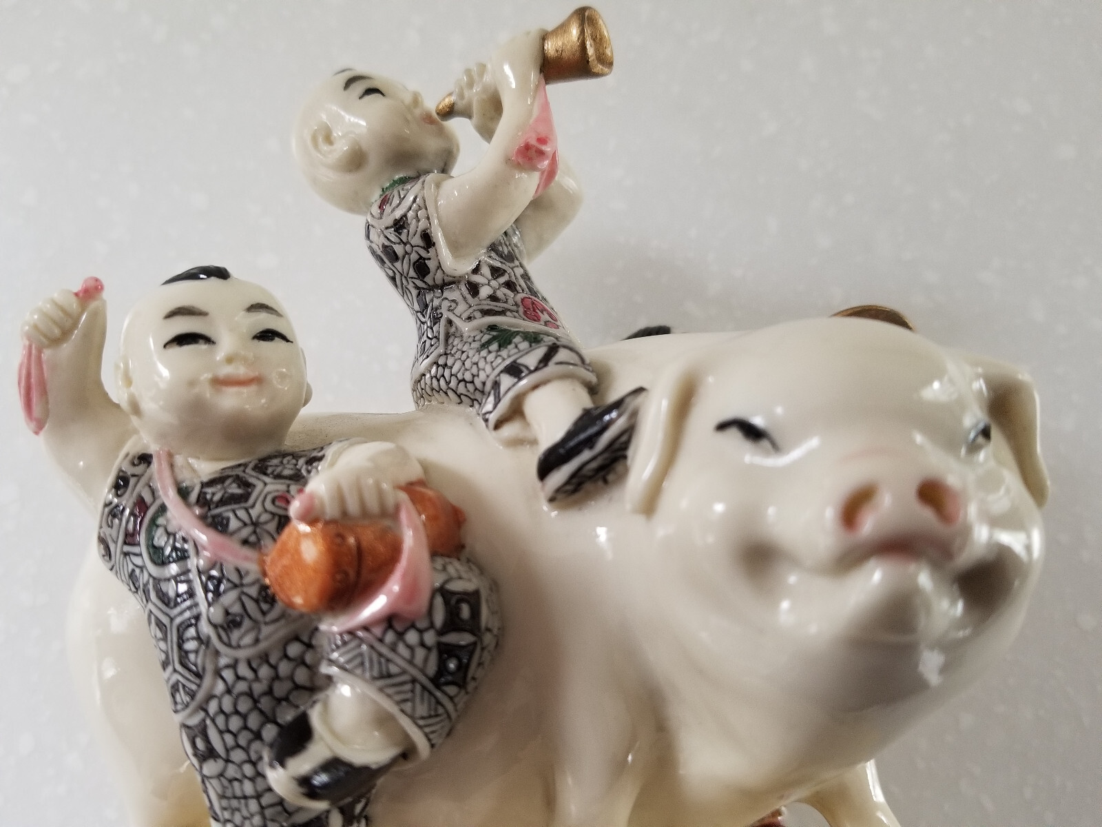 Oriental Porcelain Figurine Chinese Children on Pig Playing Musical Instruments