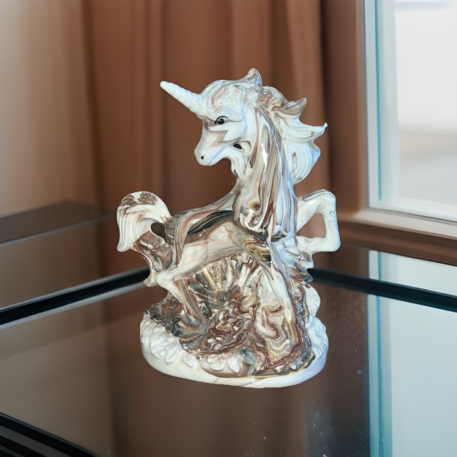 Vintage marbled iridescent glaze Ceramic Unicorn Figure Decor Statue Rare